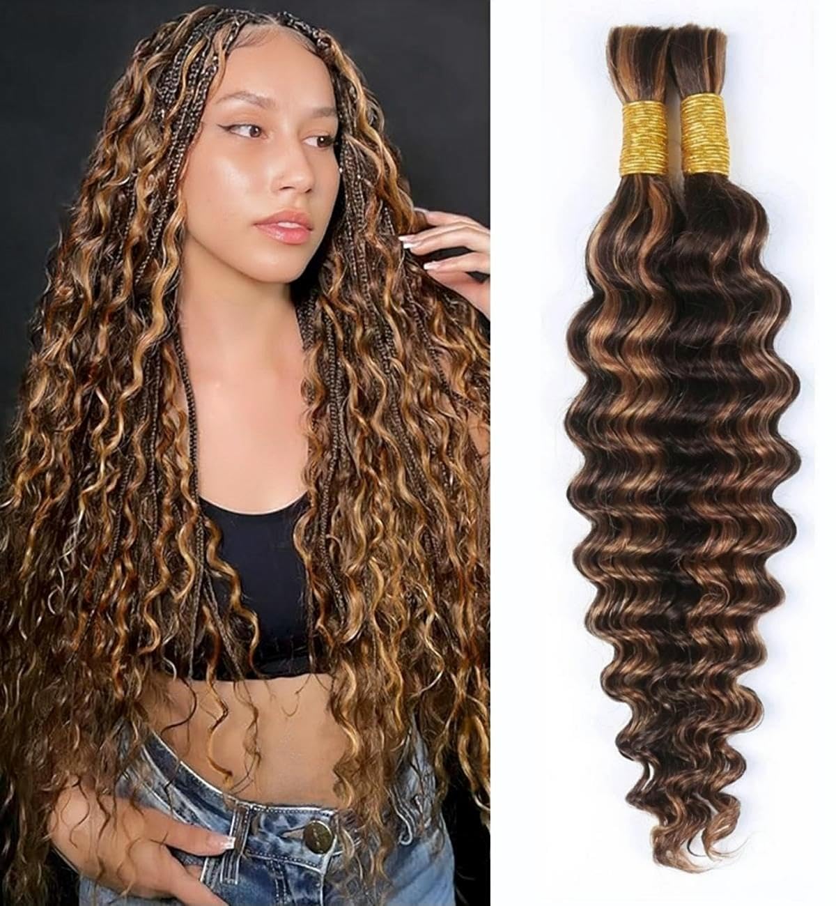 Unipearl Deep Curly Bulk Human Hair for Braiding 100g 2 Bundles 14 Inch Boho Braids Hair Extensions