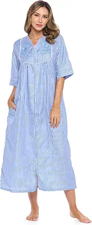 Casual Nights Women's Zip Front Woven House Dress | 3/4 Sleeves Housecoat Long Duster Lounger