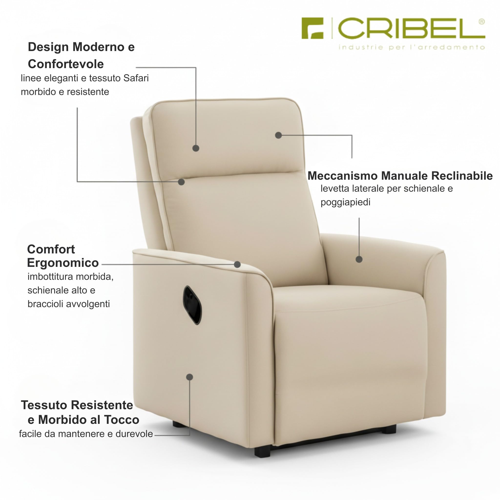 Cribel Poltrona Relax Manuale Carlotta in Tessuto Corda con Levetta Laterale | Schienale Reclinabile e Poggiapiedi Estensibile | Comfort e Design Moderno