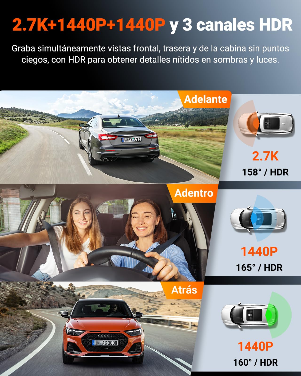 VANTRUE N4S Triple Dashcam Coche 2.7K+2.5K+2.5K Delantero y Trasero Interior, 5GHz WiFi GPS Cámara integrada por Infrarrojos, 3 Canuax HDR 360 Grados, Control de Voz, 10s Pregrabación, MAX 1 TB