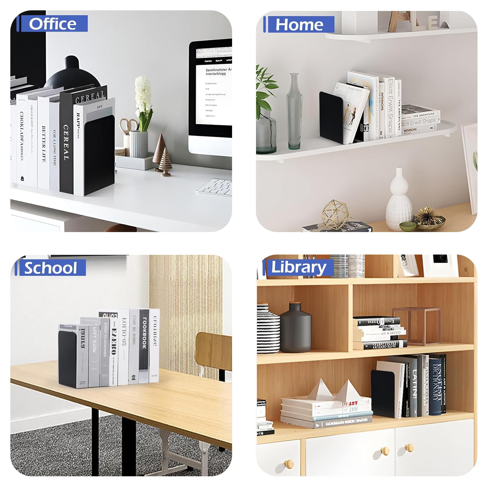 Fermalibri in Metallo Nero Antiscivolo 21 x 9 x 13,5 cm Reggilibri per Scuola, Casa, Ufficio