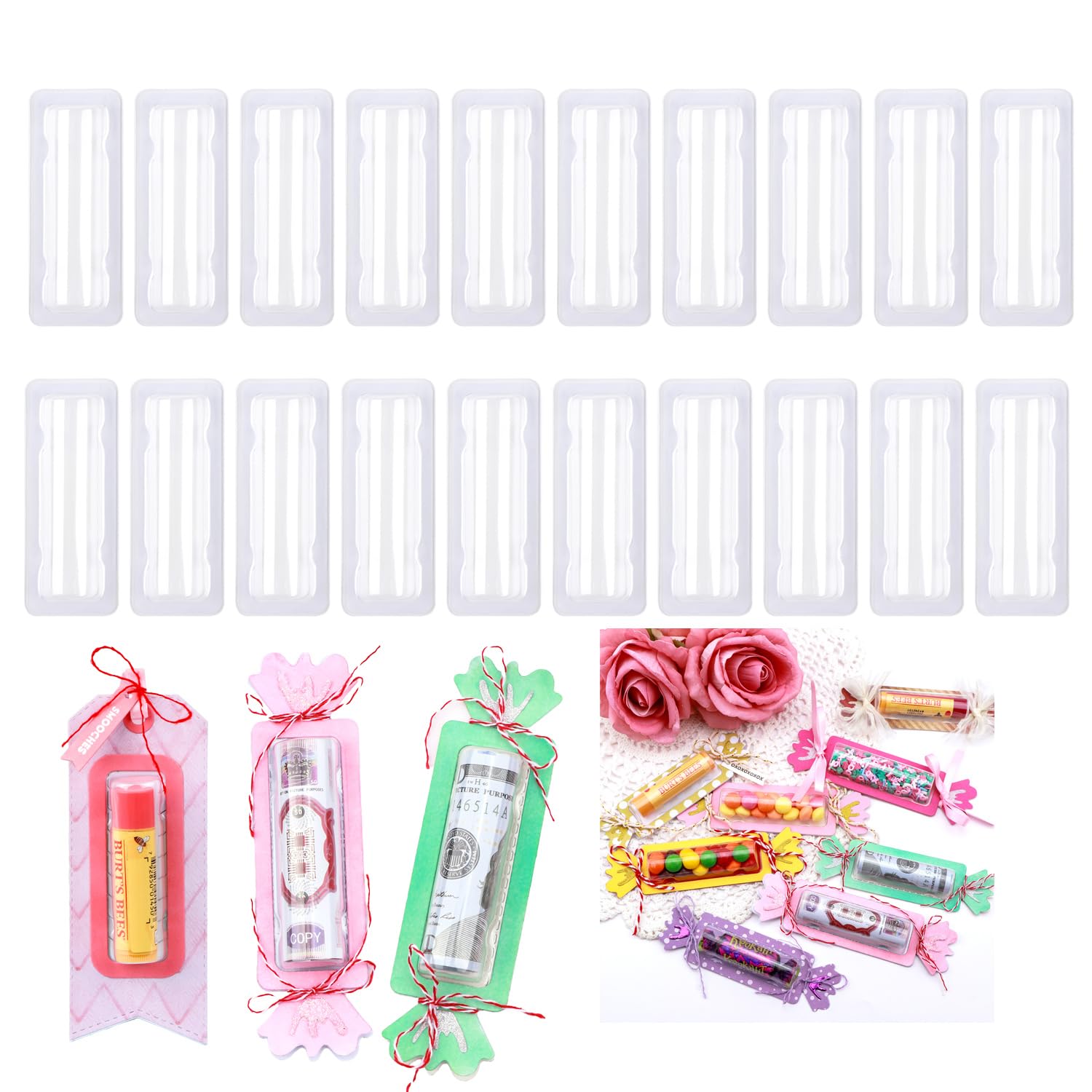 BAOFALI 20PCS 3.4x1.4inch Plastic Clear Rectangle Domes; Self-Adhesive Lip Balm Pouches Money Holder for DIY Craft Gift Cards Shaker Card Making Handmade Crafts Clear Pouch Cover Scrapbooking Tool