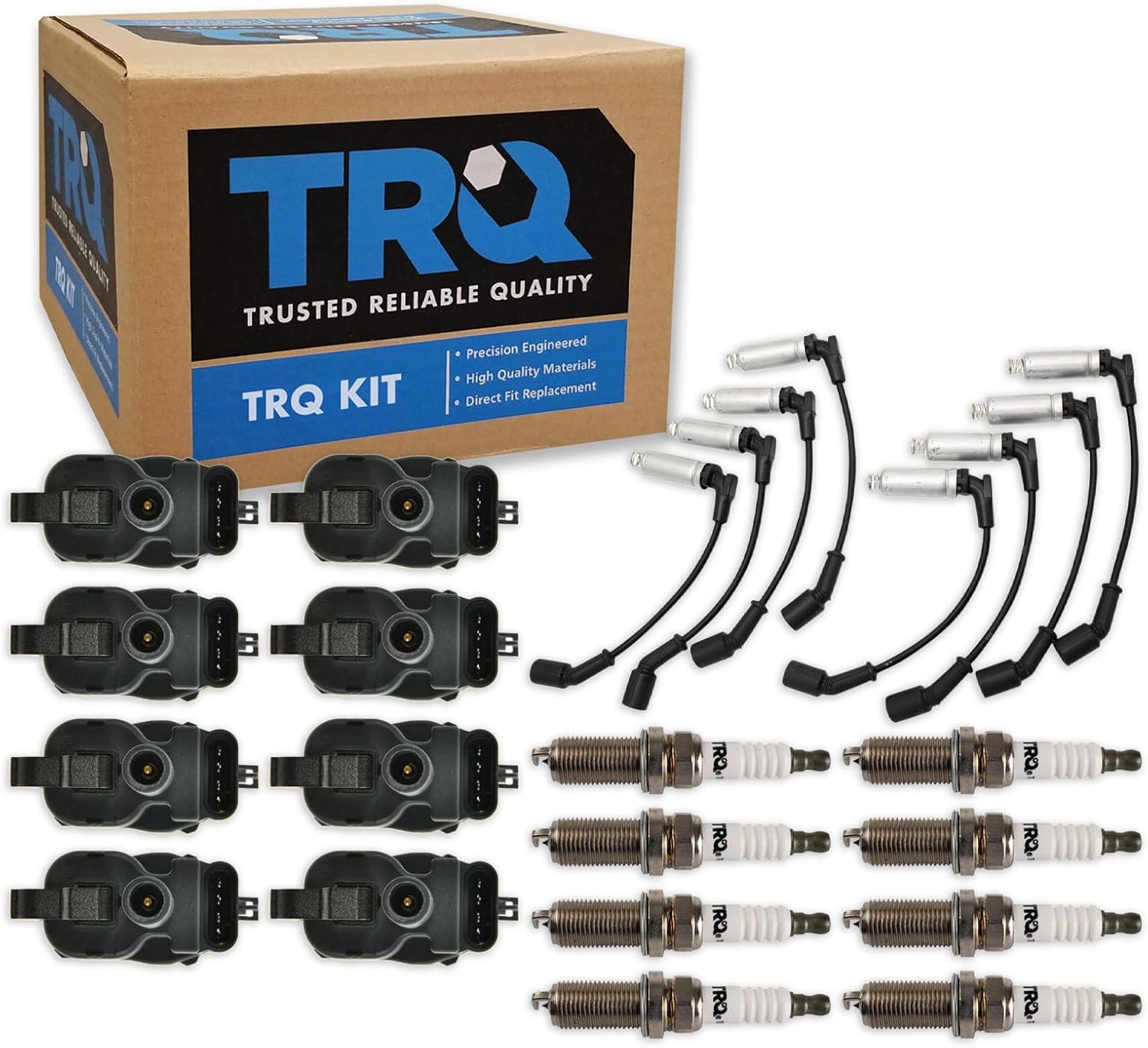 TRQ Ignition Kit Ignition Coil Spark Plugs Wire Set 17 Piece Compatible with 01-02 Chevrolet Express 3500 8.1L V8 Silverado 2500 HD Silverado 3500 01-02 GMC Sierra 2500 HD SQUARE STYLE COIL ONLY