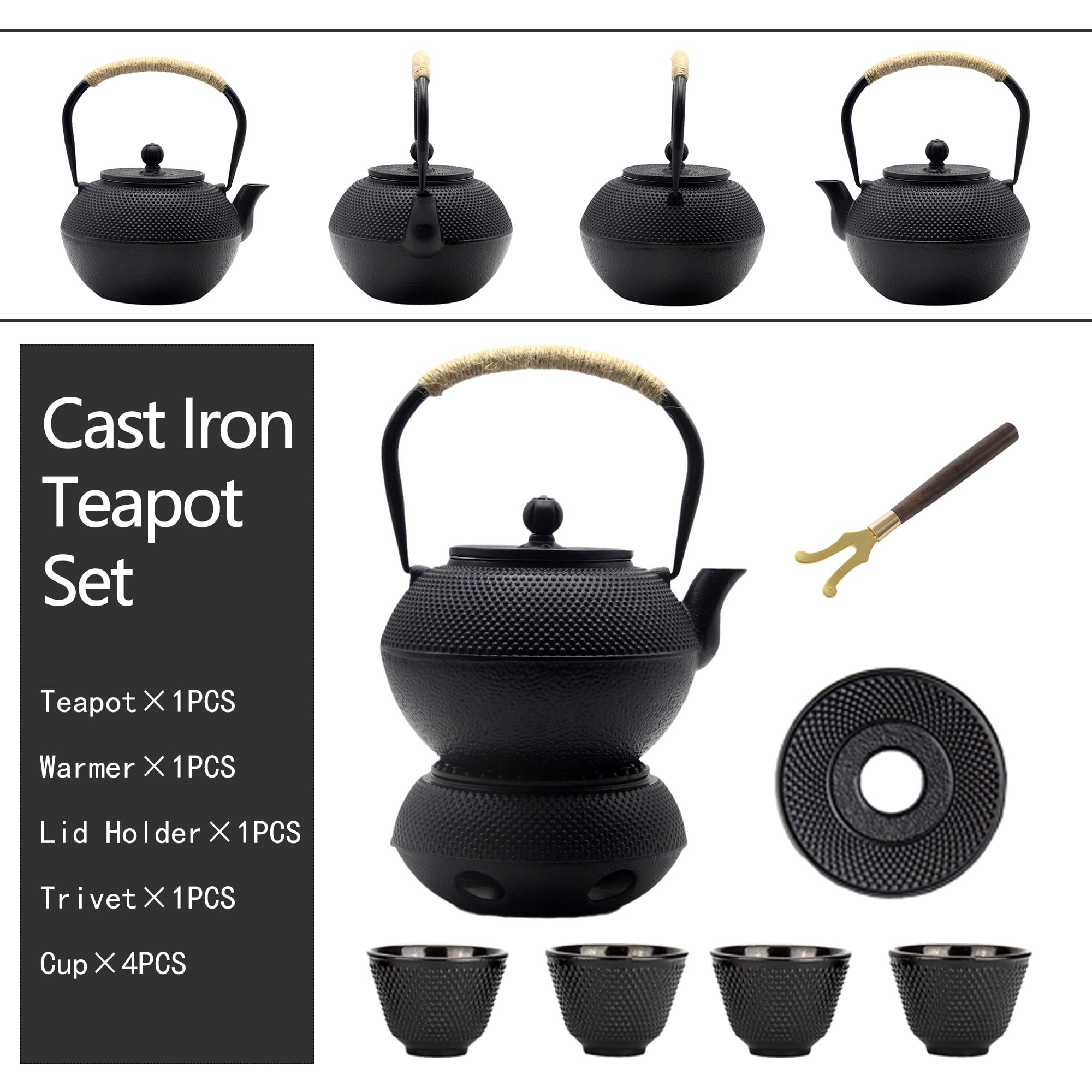 Juego de tetera de hierro fundido con calentador de hierro fundido, juego de tetera japonesa Tetsubin con tazas, tetera de hierro fundido con infusor de acero inoxidable e interior esmaltado (juego de
