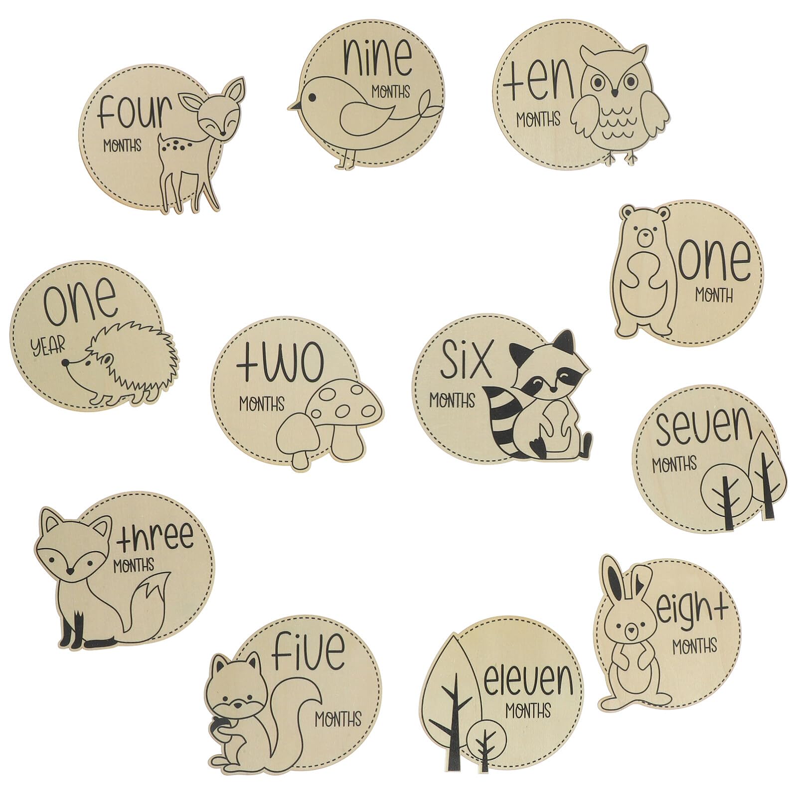 Cabilock Baby Monthly Milestone Cards 12pcs Animal Themed Milestone Wooden Discs Marker Cute Baby First Year Age Announcement Sign for Newborn Shower Photo Props