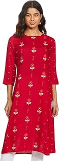 Max Women's Rayon Straight Fit Straight Printed Three-Quarter Sleeves Kurta Price In India