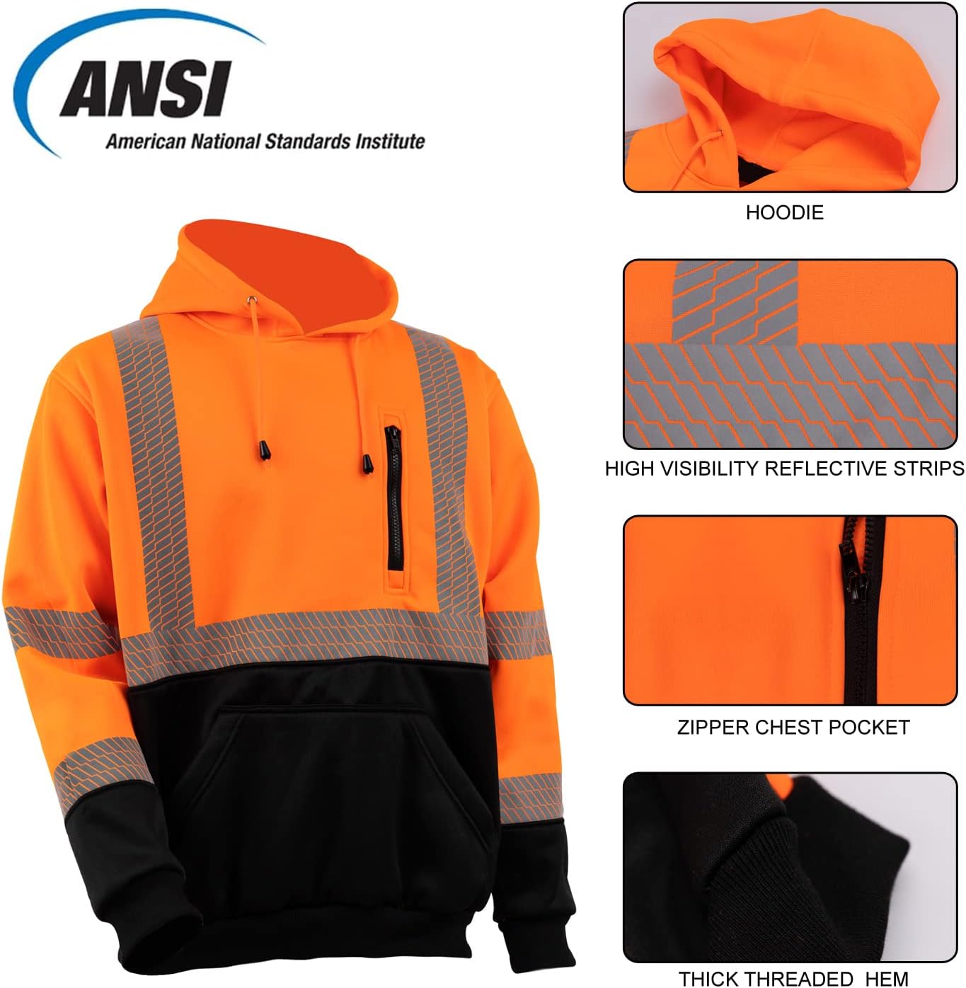 VENDACE High Visibility Reflective Safety Fleece Sweatshirt Hoodies for Men ANSI Class 3 Hi Vis Pullover Hoodie Jacket (Orange,L) - Image 4