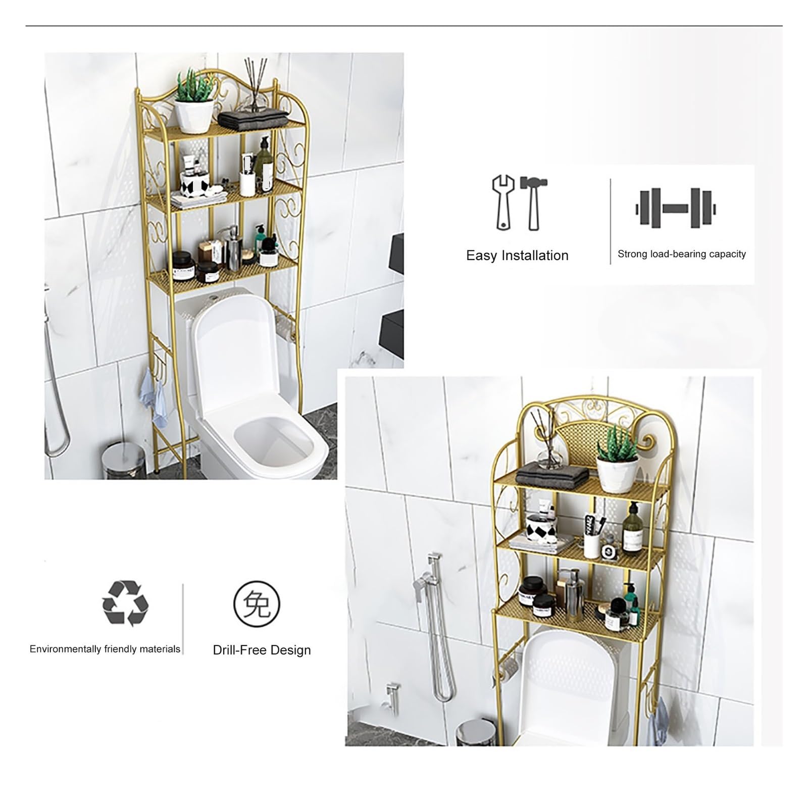 Badezimmer-Organizer über der Toilette, Freistehendes Toilettenschrank mit Haken, Badezimmerregale über dem Toilettenregal, Platzsparend