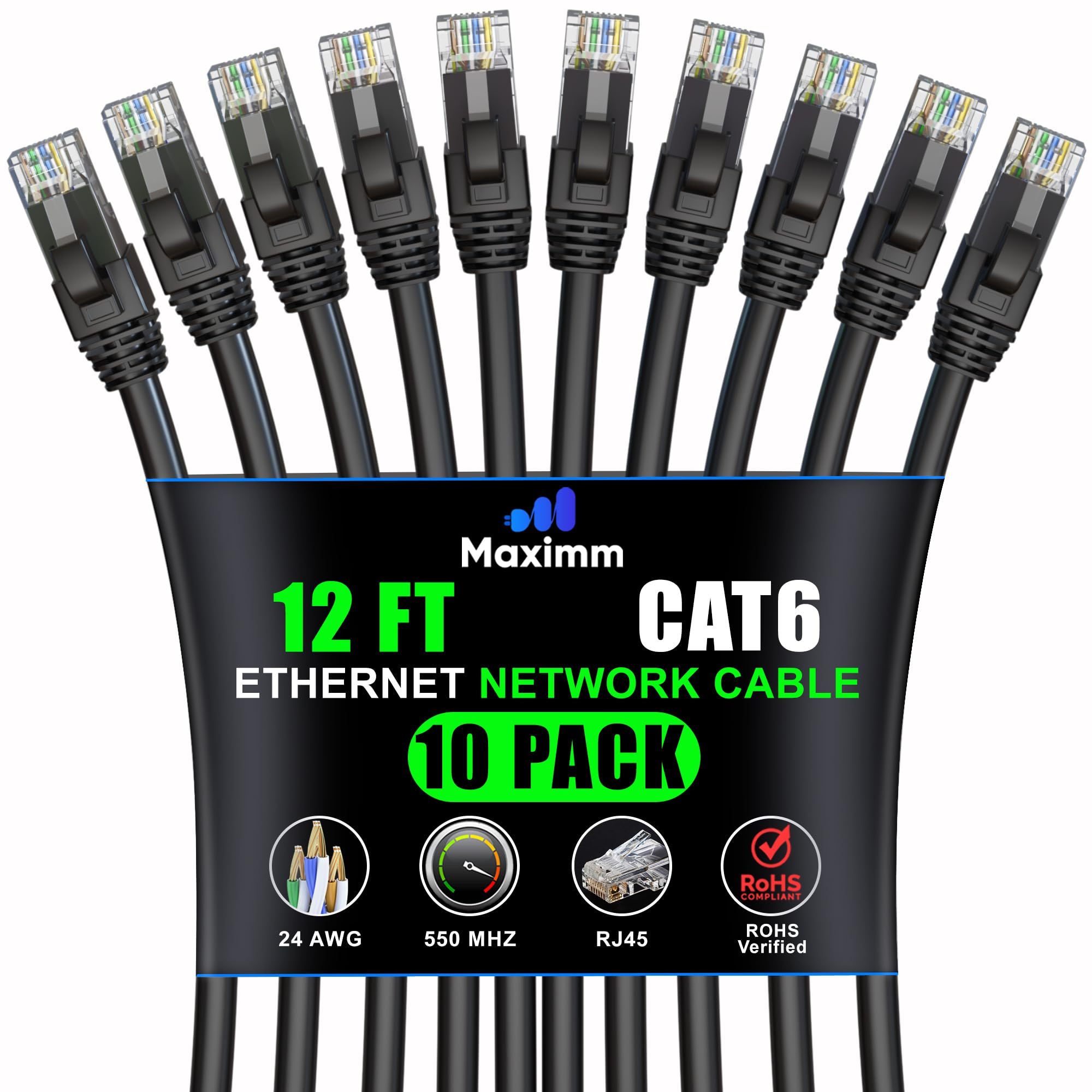 Maximm Lot de 10 câbles Ethernet Cat 6 de 3,7 m – Câble LAN haut débit, câble Internet, câble de raccordement et câble réseau – UTP, 10 Gbit/s, 550 MHz – Noir