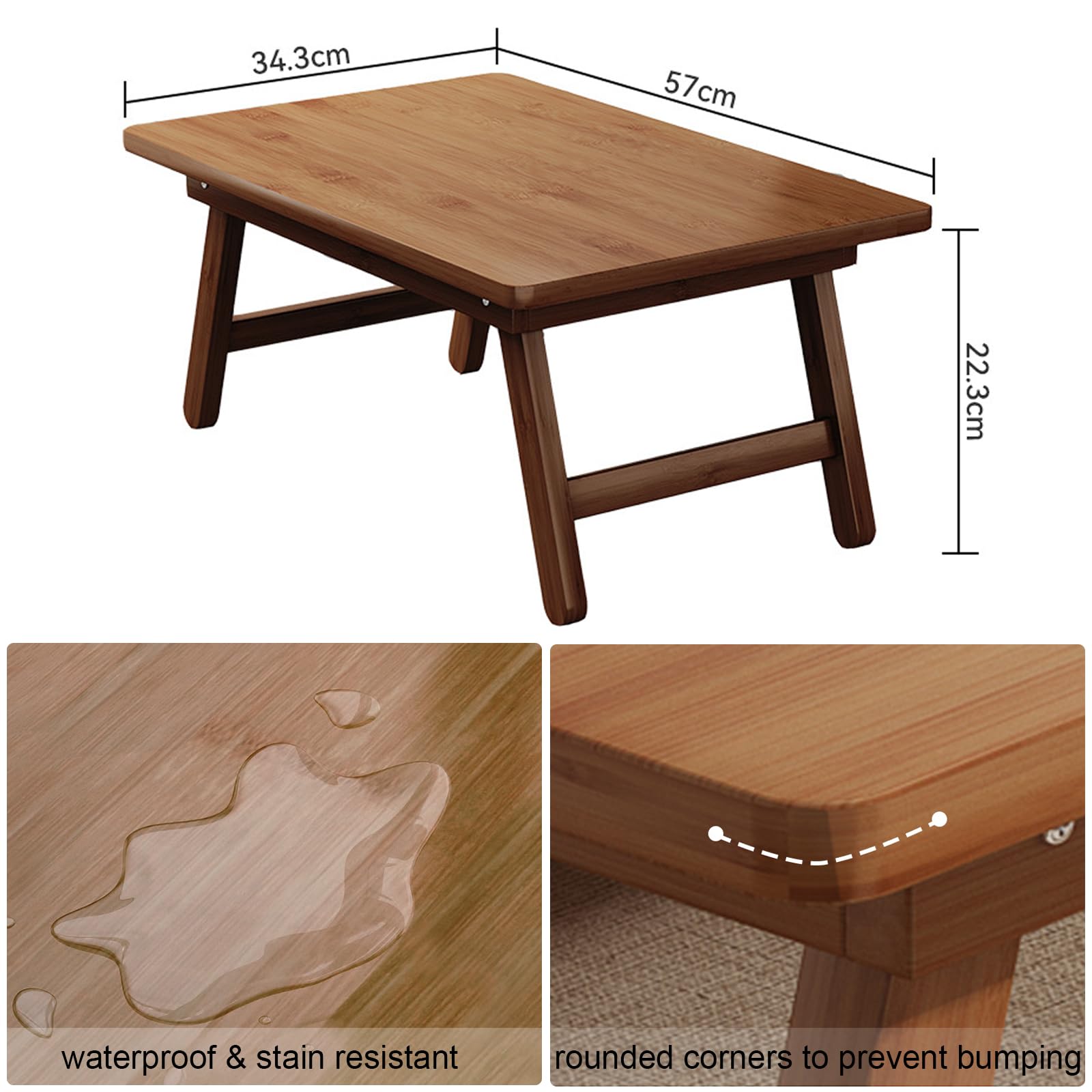 Mesa de Tatami Rectangular Plegable de Bambú, Centro Japonesa Pequeña, Baja Portátil Multifuncional para Salón, Sala de Estar, Balcón, 57 x 34.3 x 22.3cm
