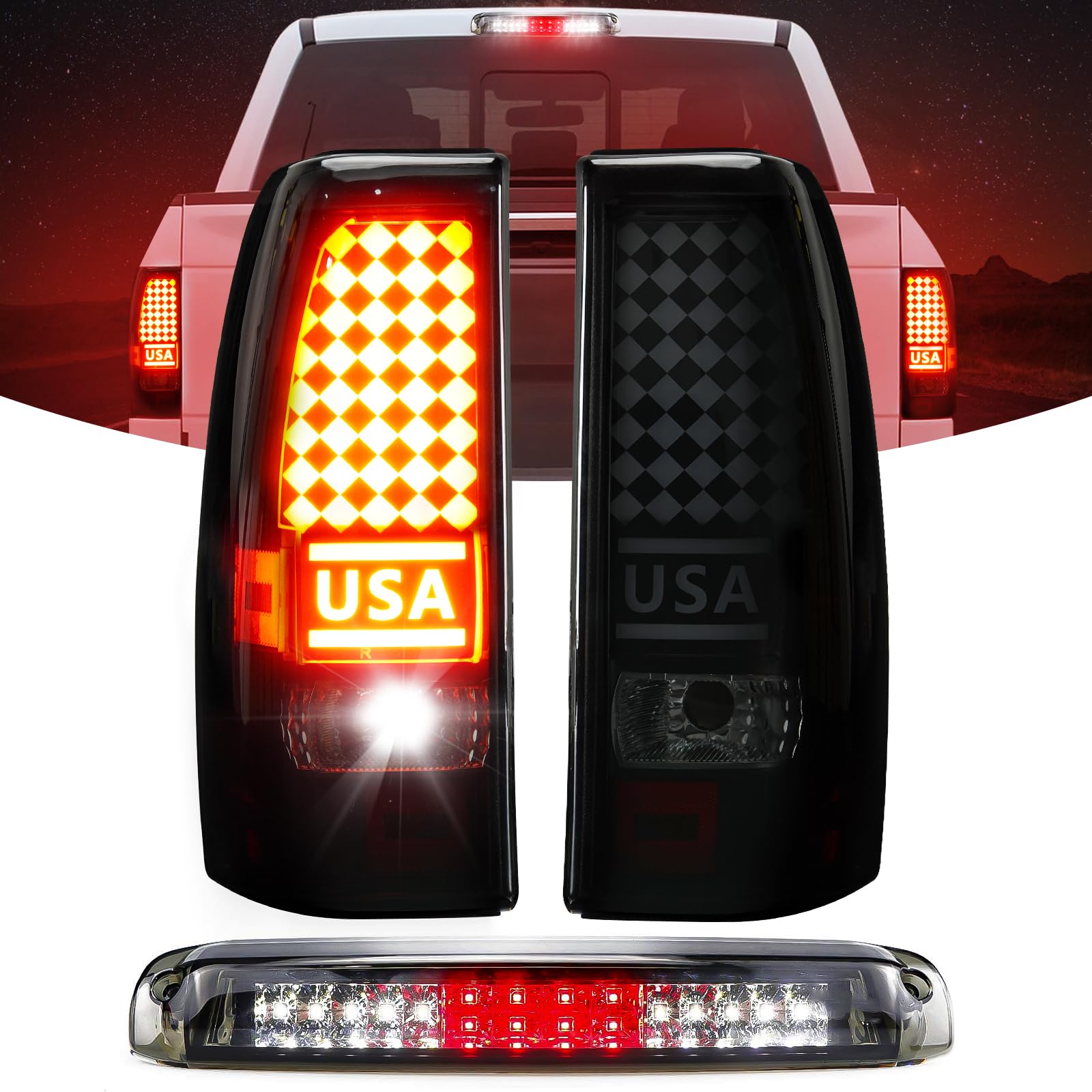 Gubebaili Tail Light + 3rd Brake Light Kit for 1999-2002 Chevy Silverado 1500 2500 HD, 1999-2003 GMC Sierra 1500 2500 HD Fleetside, Led Brake Light Taillight Assembly, Smoke Lens