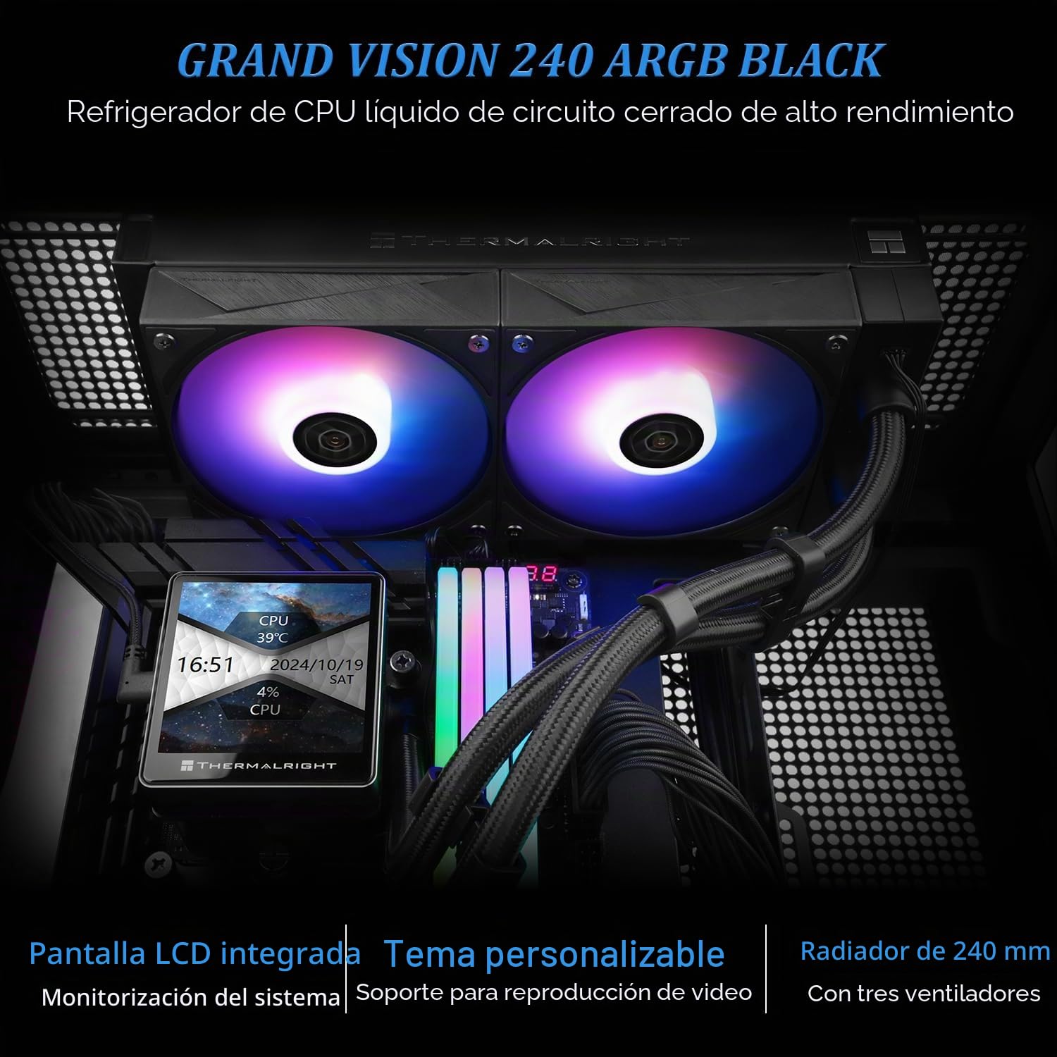 TR Grand Vision 240 ARGB Black AIO CPU Liquid Cooler,IPS LCD Screen with 480x480 Resolution, for AM5/LGA1851/1700,3,4 inch'Magnetic-Absorbing LCD Screen for Images -Black