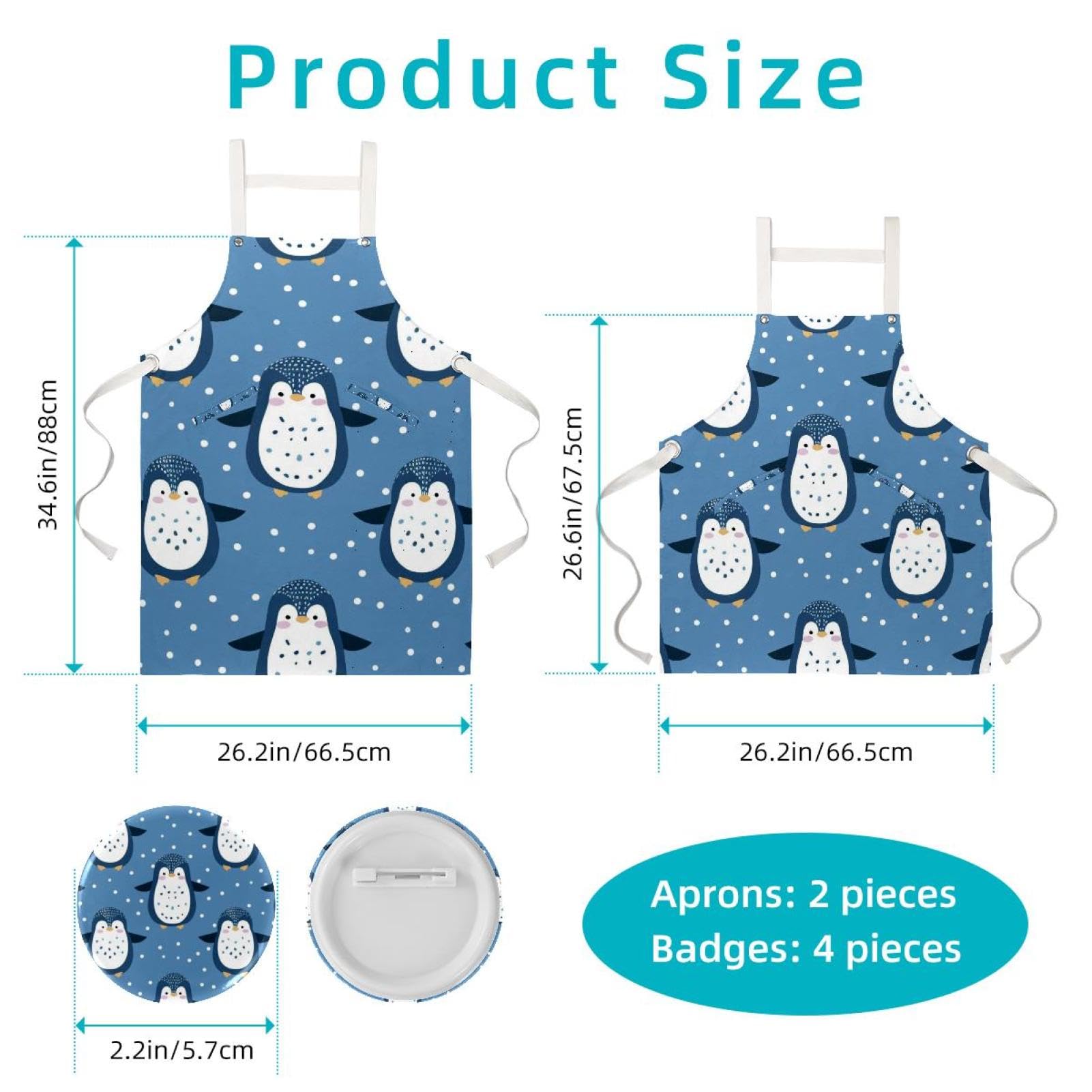 Lot de 2 tabliers de cuisine doux et réglables avec 2 grandes poches pour homme et femme Motif pingouin des neiges Bleu, Pingouin des neiges mignon bleu,