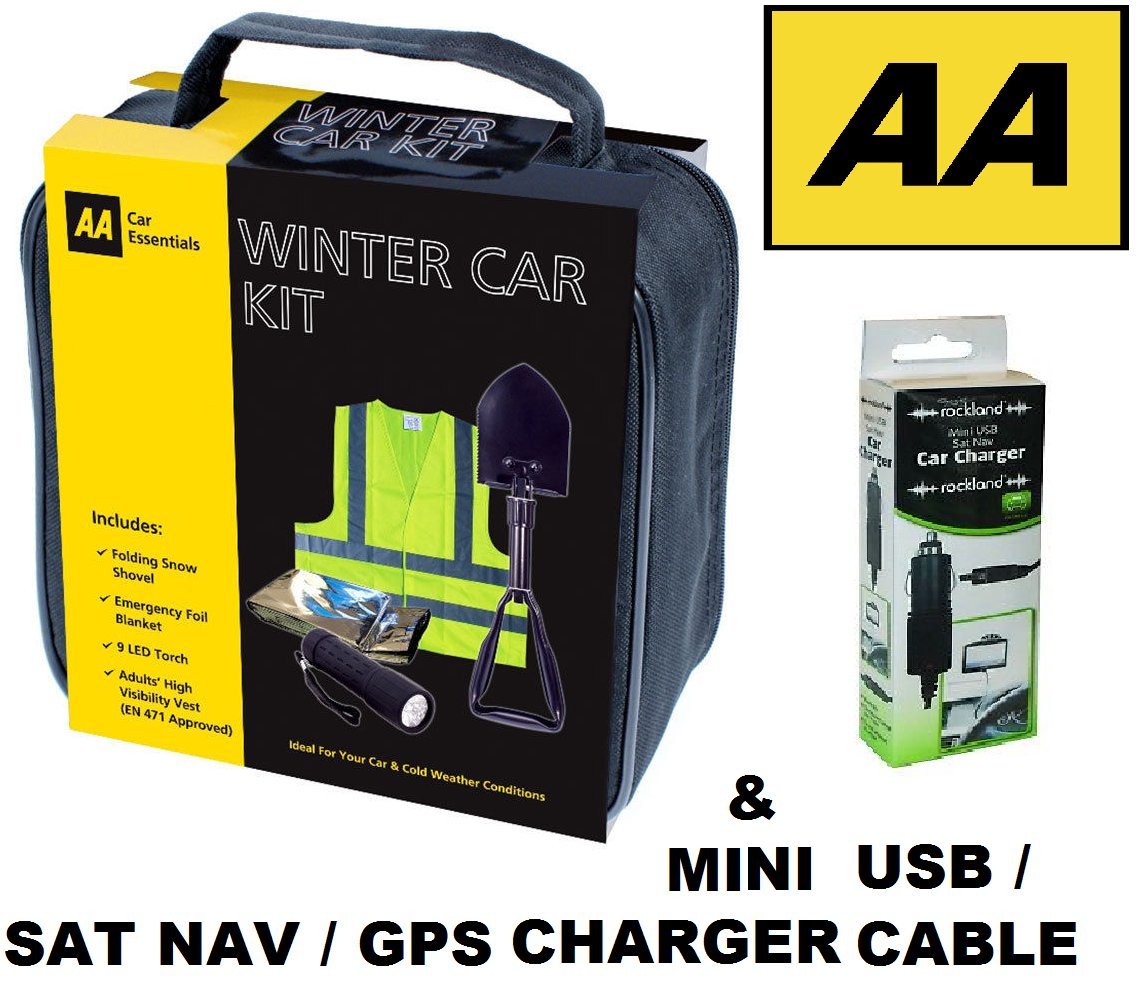 AA Winter Car Kit - Snow Shovel / LED Torch / Hi Vis Vest / Foil Blanket & Case PLUS Mini USB GPS Charge Cable