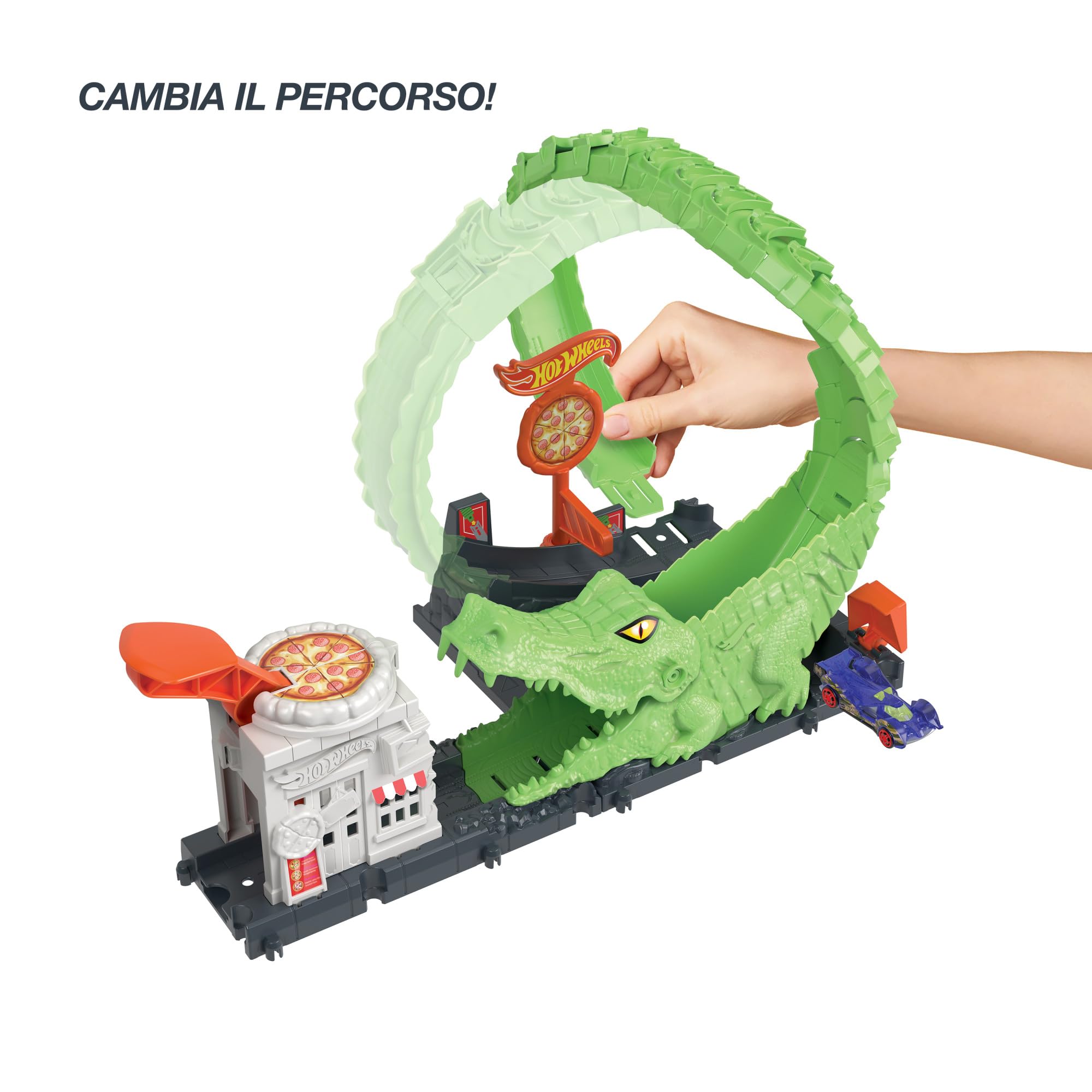 Hot Wheels - Attacco sul Loop del Coccodrillo, Pista con pizzeria e 1 macchinina, Pista Regolabile Che Si collega ad Altri Set, Giocattolo per Bambini 4+ Anni, HKX39