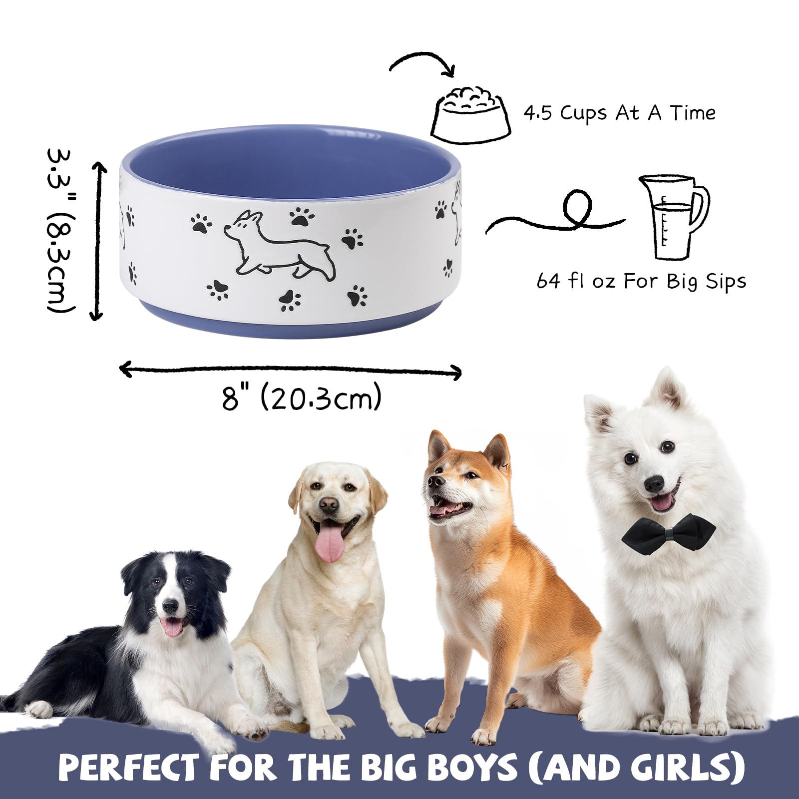 Keramische hondenbak hondenschaal - 20,5 cm hondenvoerbak voor middelgrote tot grote honden - voerbak voor grote honden met Happy Doggie patroon - brede diepe hondenwaterbak - vaatwasmachinebestendig