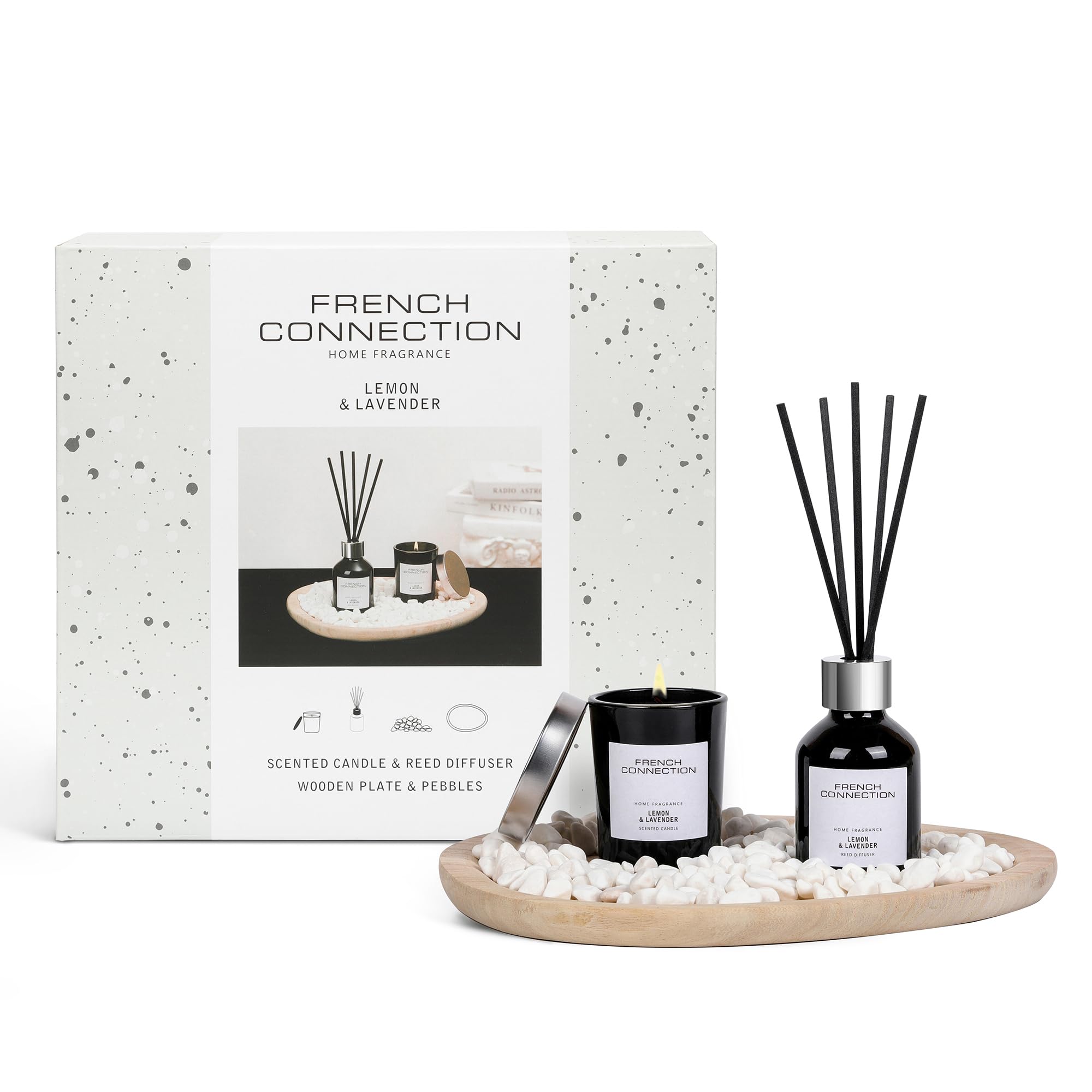 French Connection Home Fragrance Gift Set | Scented Candle & Reed Diffuser with Wooden Plate & Pebbles | Luxury Aromatherapy Set | (Lemon & Lavender)
