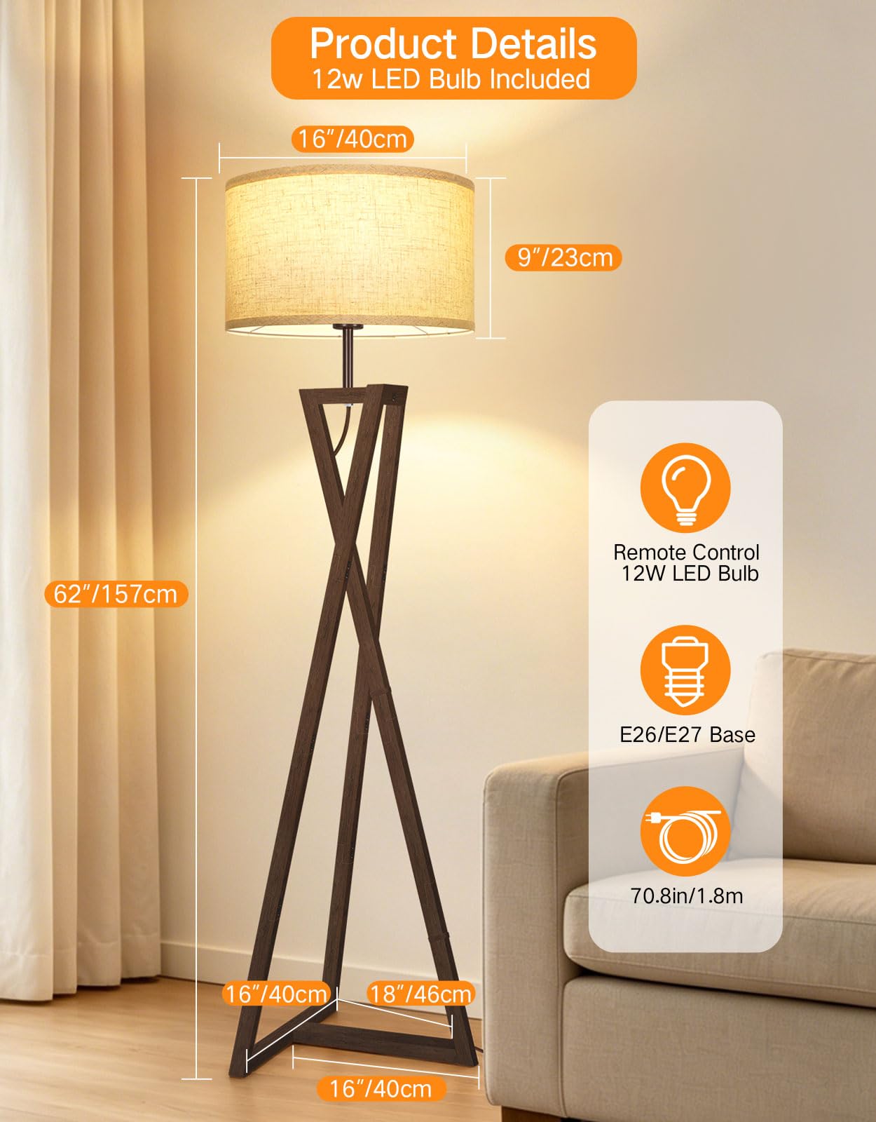 OUTON Lampada da Terra Moderna in Legno con Telecomando per Soggiorno, Nero | LED Regolabile 3000K-6500K, Funzione Memoria, Timer, Paralume Premium in Lino, Smart Home