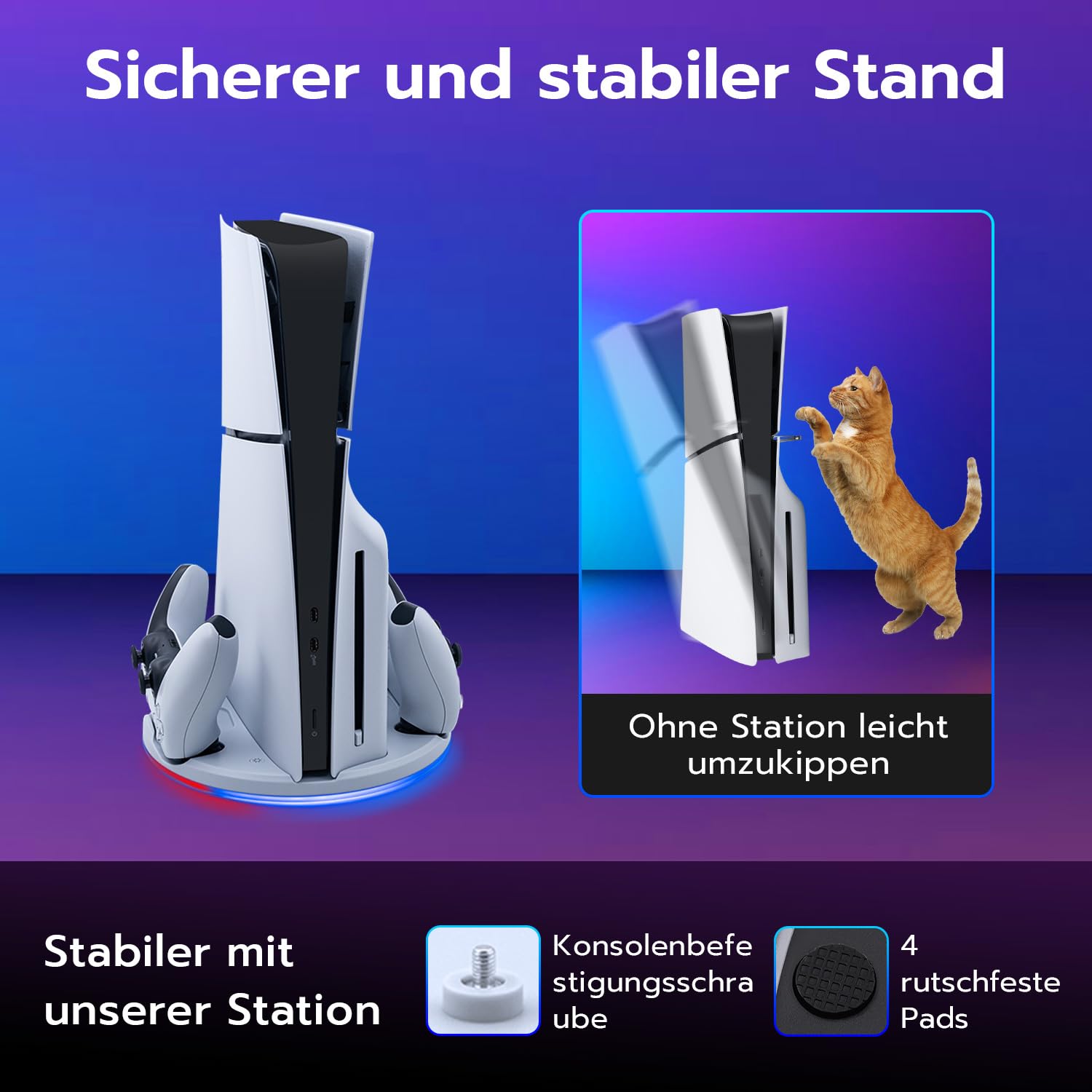 Wigearss PS5 Slim Standfuß Ständer mit Dual Controller Ladegerät, PS5 Controller Ladestation mit RGB Licht für PS5 Slim DE/UHD, Nicht für PS5/PS5 Pro