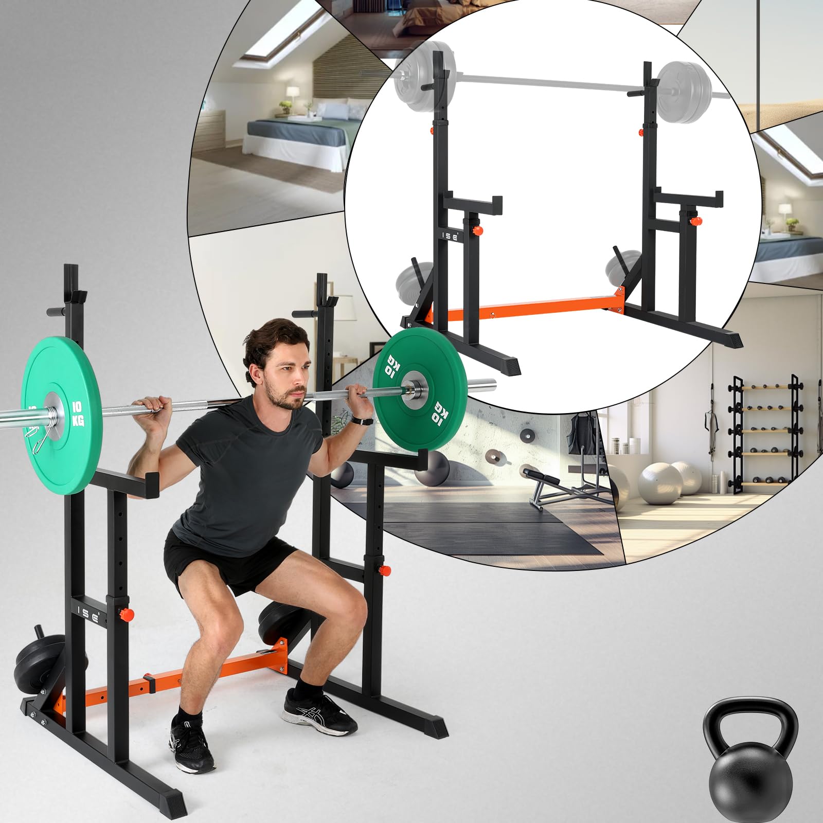 ISE Support Barre de Musculation Multifonction, Rack Squat avec Barres pour Haltères, Cage de Musculation en Acier, Rack Musculation Hauteur et Largeur Réglable, Cage Squat, Home Gym Noir et Rouge