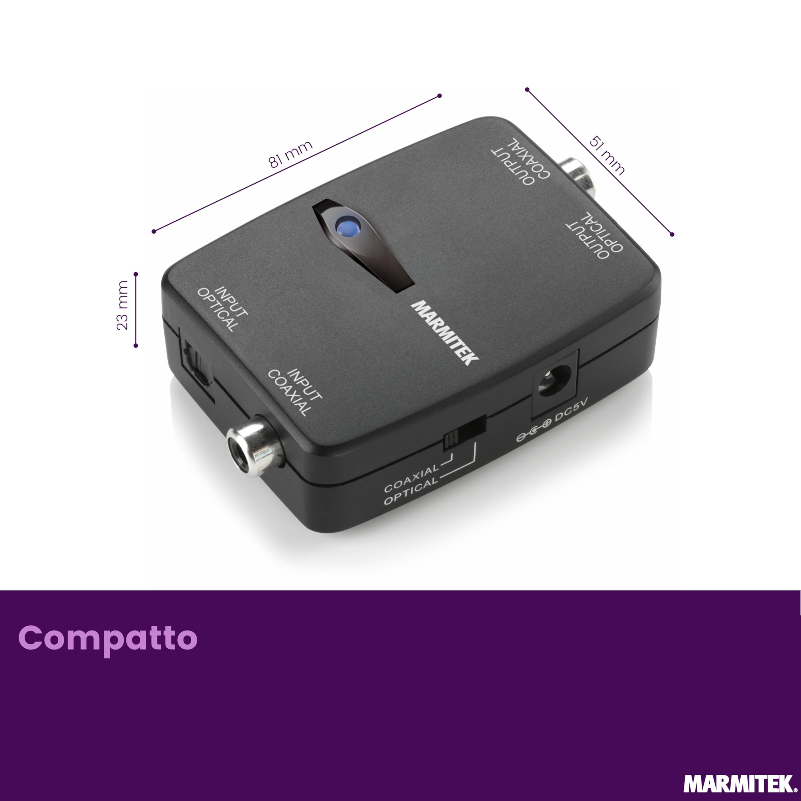 Convertitore Audio da Ottico a Coassiale - Marmitek Connect TC22 - Convertitore Audio - Da Coassiale a Toslink - A due Vie - Dolby 5.1 - Stereo PCM - Entrambe le Uscite Attive Contemporaneamente