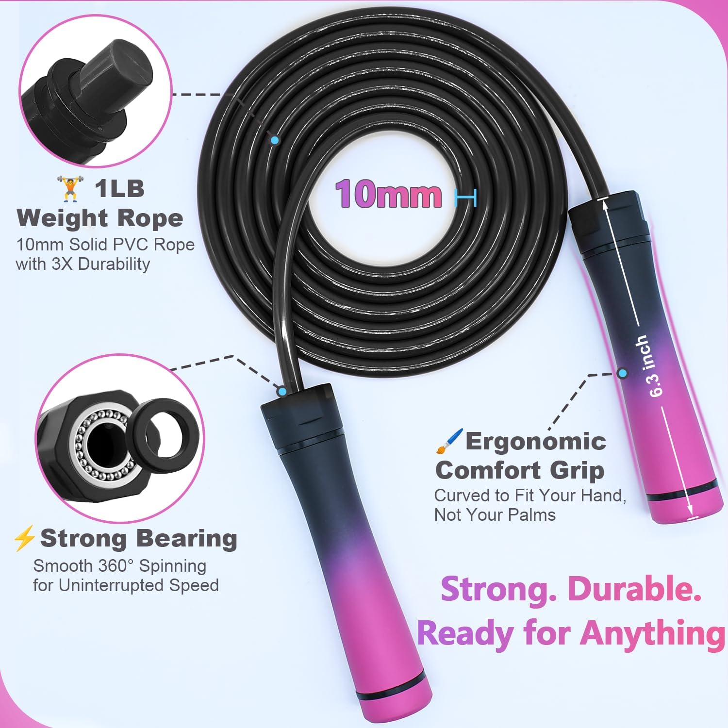 Weighted Jump Rope, 1LB Tangle-Free Ball Bearing Rapid Speed Skipping Rope for Men Women, Adjustable 9mm Cotton & PVC Rope with Alum Handle for Boxing MMA Weight-Loss Athletic Workout Fitness - Image 3