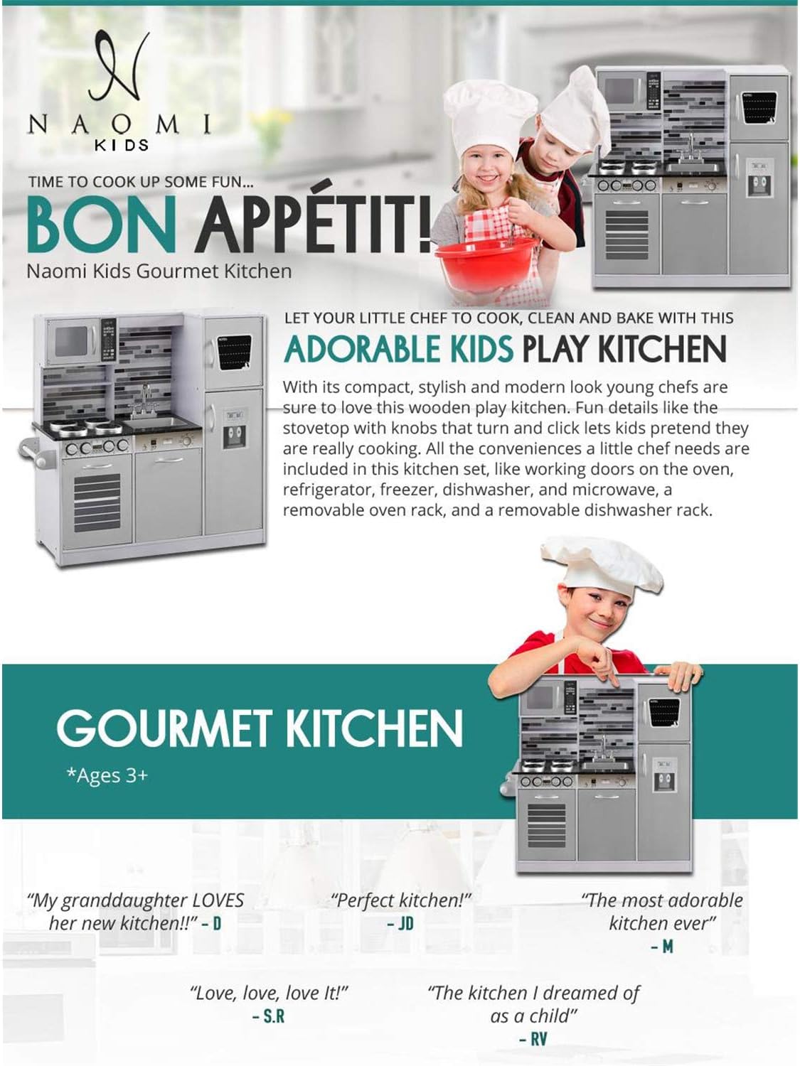 Play Kitchen for Kids Kitchen Playset - Wooden, Realistic Pretend Toy Kitchen Sets for Girls Boys Ages 3+ by Naomi Home, Espresso : Toys & Games