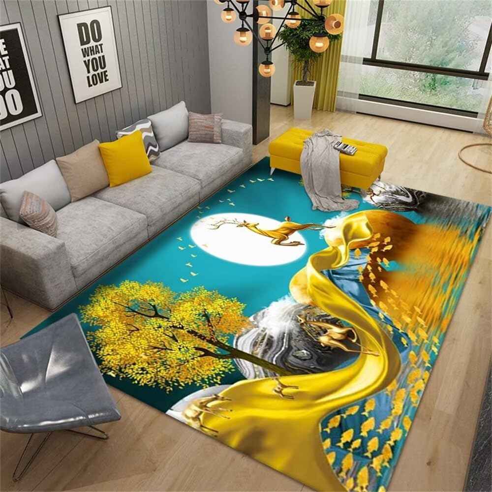 Tapis de salon bleu et doré 100x200 cm pour petit canapé moderne