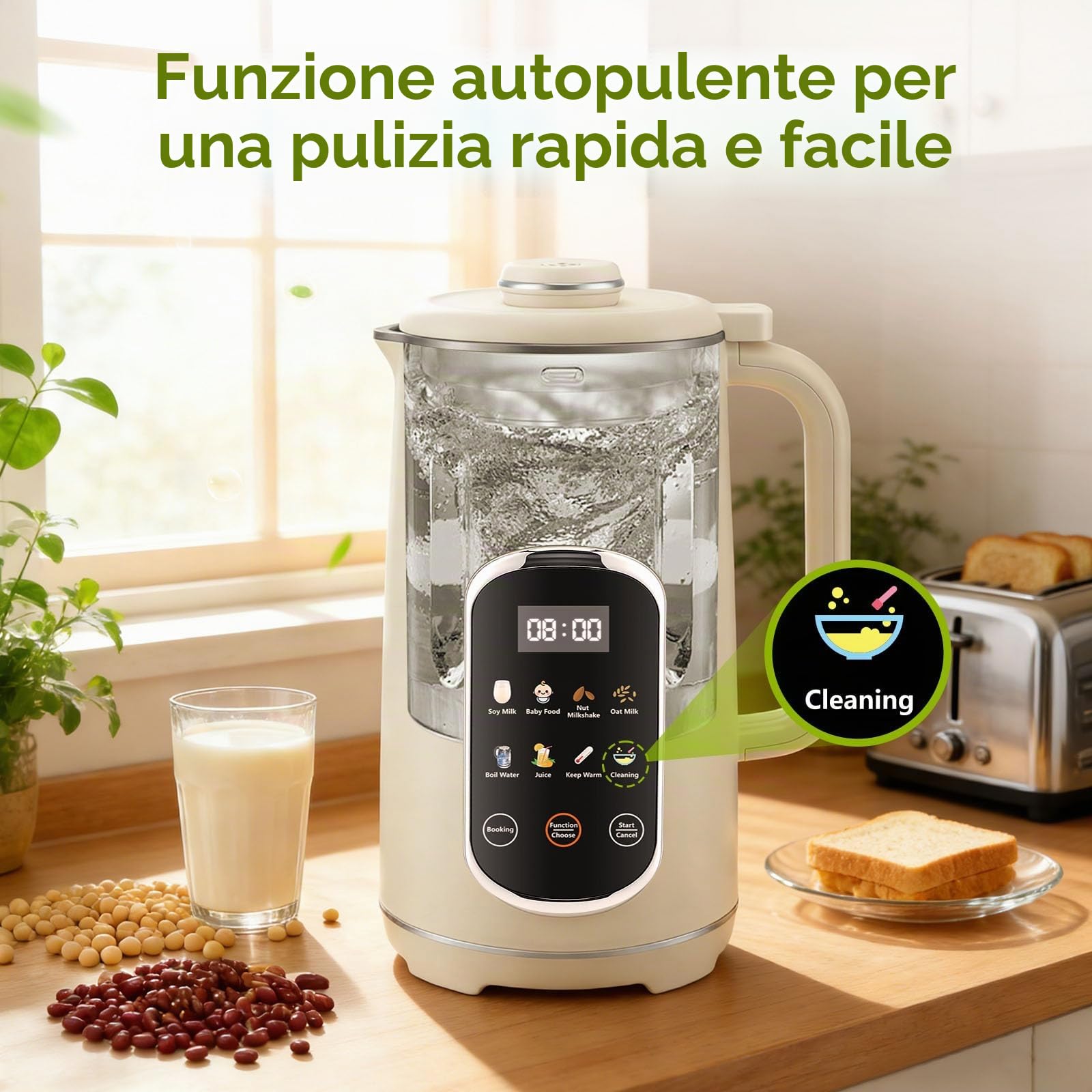 Macchina per il latte di noci 1200ml, macchina per il latte di soia con 12 lame e 9 funzioni, macchina per il latte d'avena per latte di mandorle, latte vegetale, bevanda a base di cereali, timer