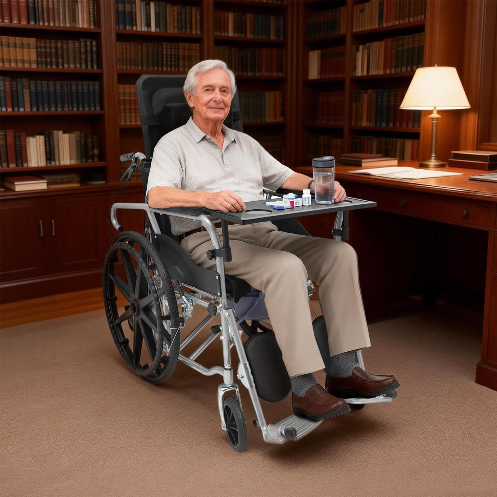 Silla de ruedas reclinable con respaldo de 90 – 180 ° y altura ajustable 89 – 121 cm, silla de ruedas de transporte de hasta 100 kg con protección antivuelco y rueda de freno, silla de ruedas