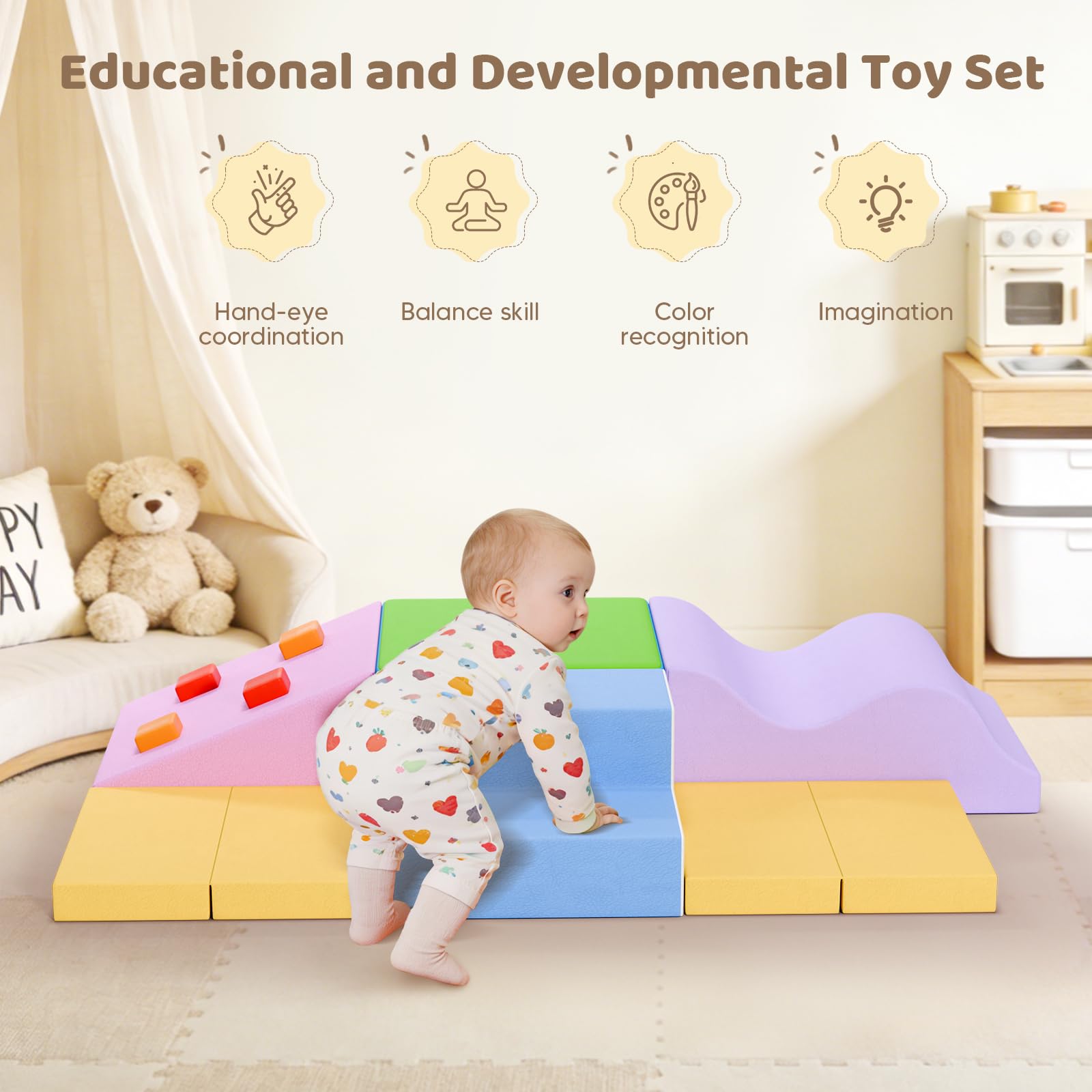 Schaumstoff Bausteine für Kinder 6er Softbausteine Set, XXXL Baby-Schaumstoffbausteine für 1–3 Jahren, Baby-Kletterturm mit Rutsche, große Bausteine für Indoor-Spaß