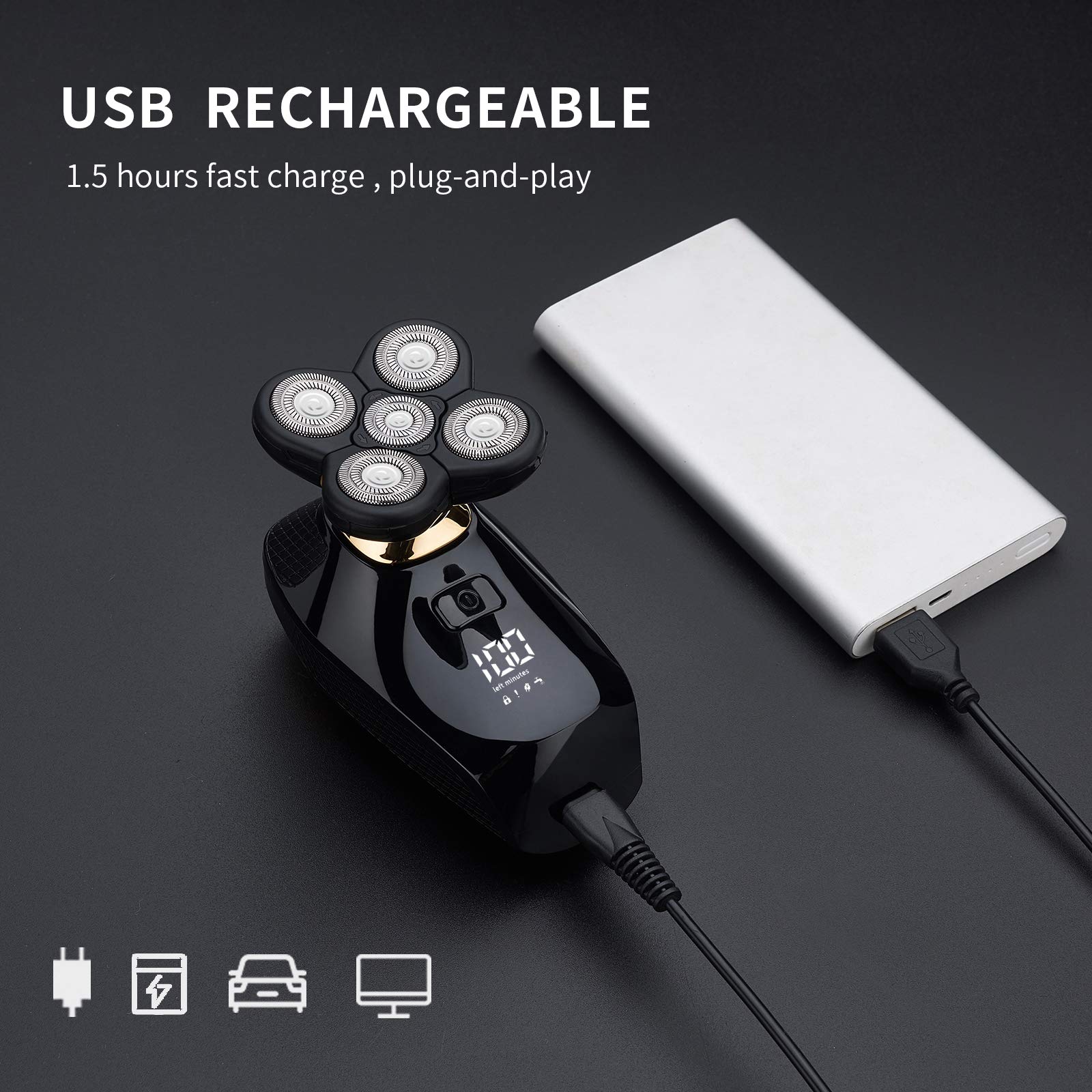 Juego de afeitadora eléctrica 4 en 1, afeitadora calva, húmeda y seca, inalámbrica, con recortadora de nariz y oídos, limpieza facial, recargable, IPX6 impermeable 8