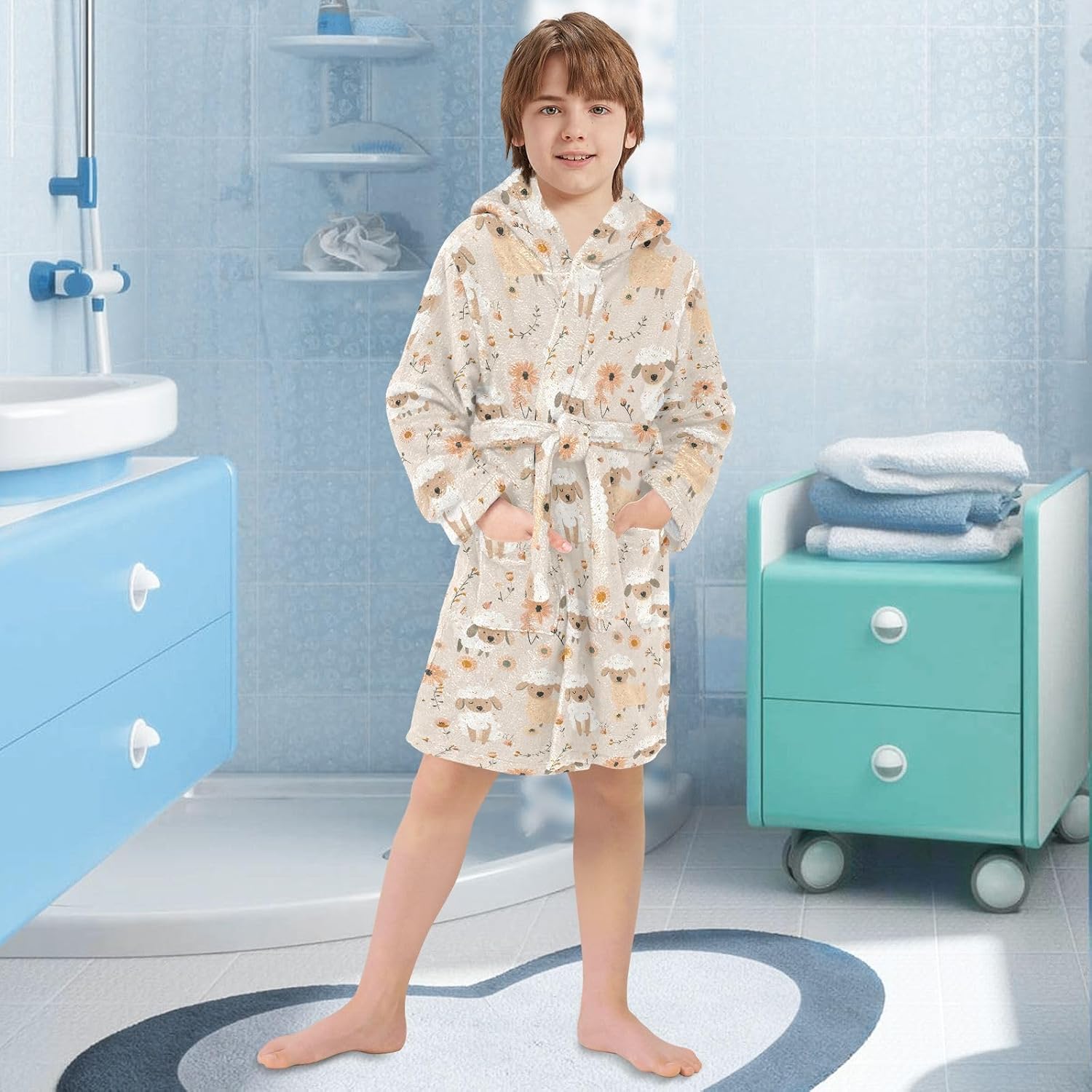 Bathrobe Cream Lambs Hooded Robe Sleepwear with pockets