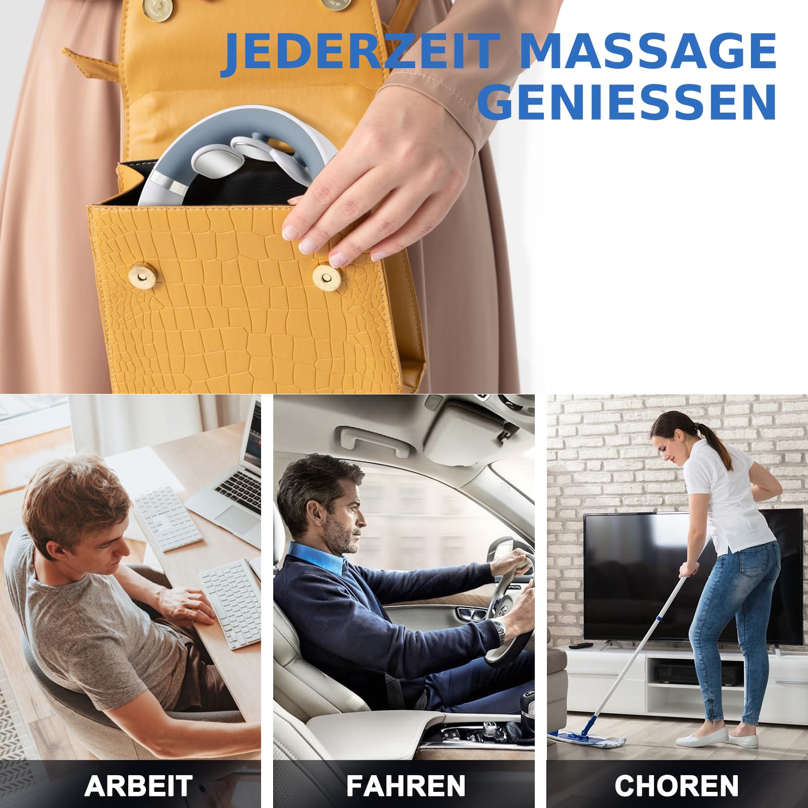 Auxoliev Nackenmassagegerät Kabellos Tragbar Elektrisch, Weiß | 42°C Wärmetherapie, 9 Modi, 50 Intensitätsstufen, Intelligente Elektrische Impulse, Gegen Schmerzen