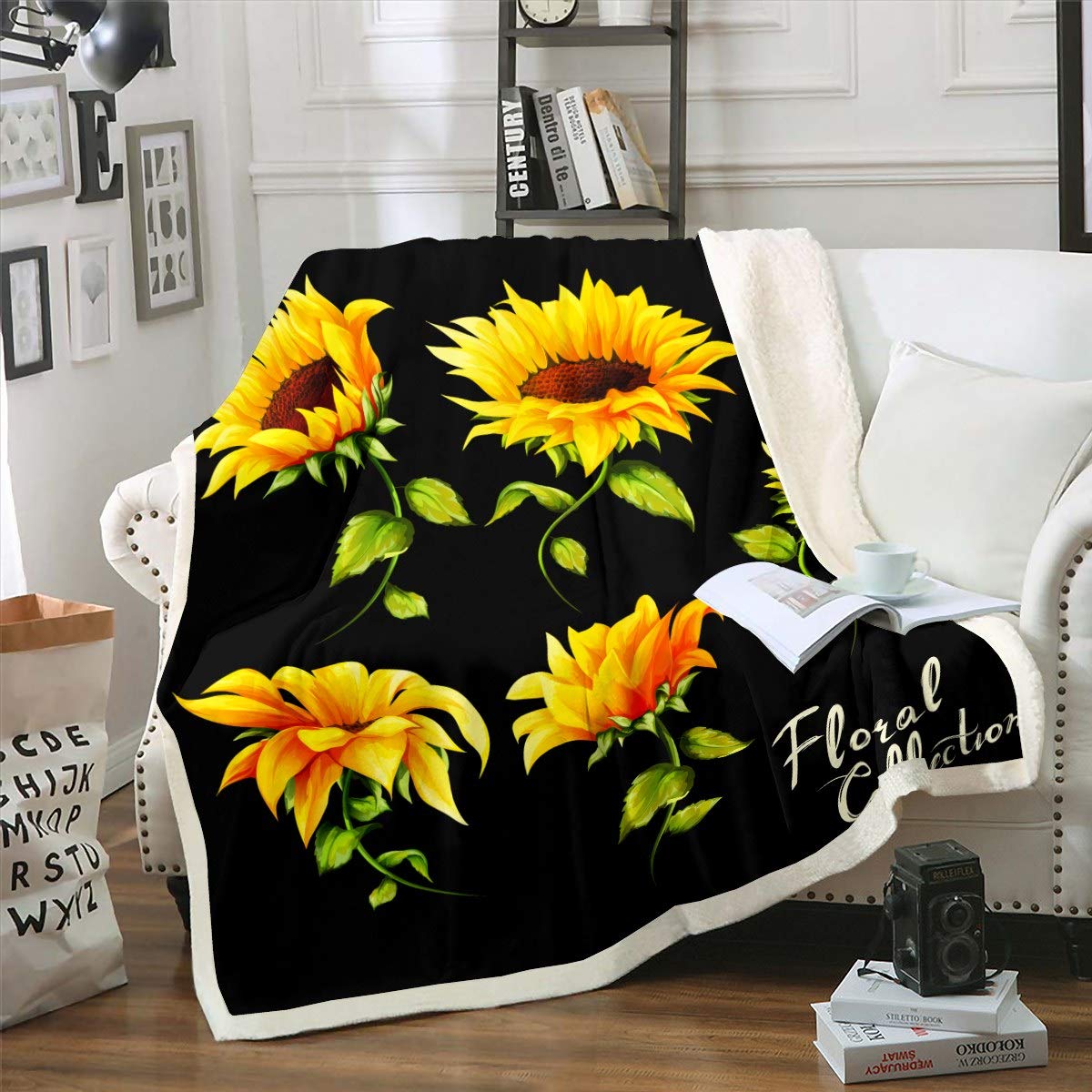 Loussiesd Sunflower Blanket Floral Print Sherpa Blanket for Women Blossom Yelow Flowers Fleece Throw Blanket Breathable Botanical Branches Room Decor Air Conditioning King 87"*94" — image 1