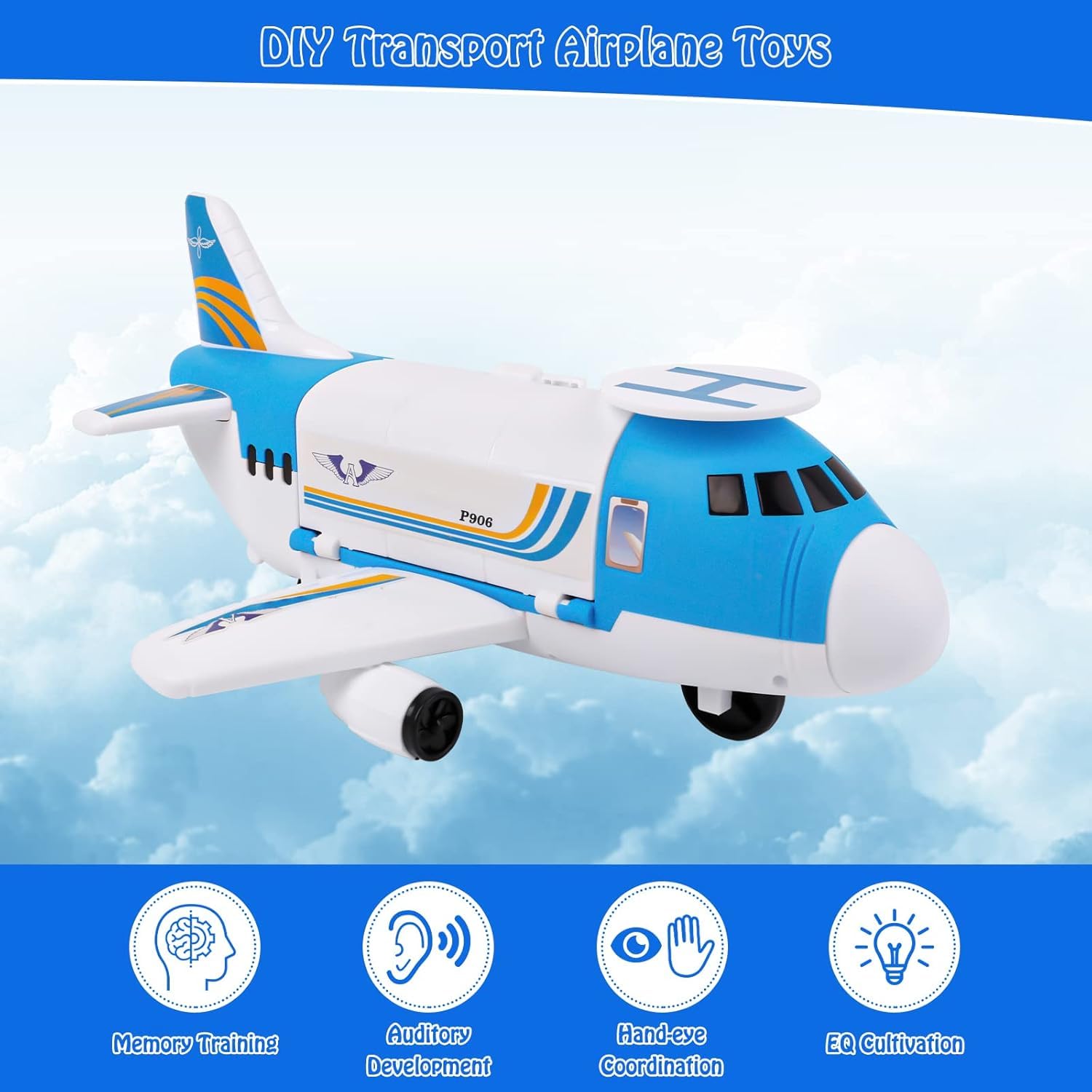 m zimoon Avions Jouets Transporteur Ensemble avec 4 Voitures, 1 pièces Hélicoptère Jouet et 1 Bricolage Autocollants Cadeau pour 3-12 Ans Garçons Filles