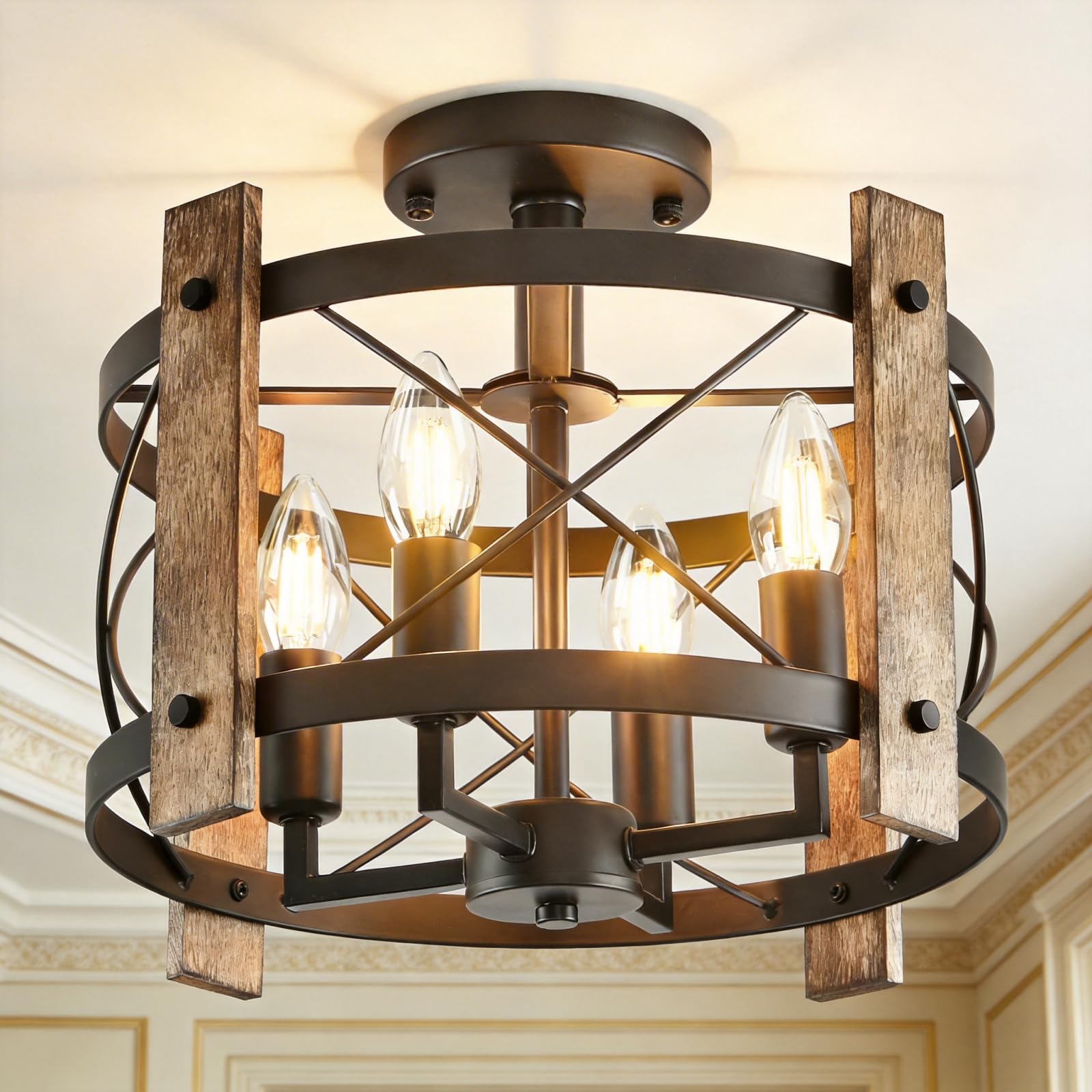 SADALAK Black Chandelier Industrial Ceiling Lights, 4 Lights Hallway Lights Ceiling, Farmhouse Wood Semi Flush Ceiling Lights, Ceiling Lamp Fixture for Bathroom Kitchen Living Room E14