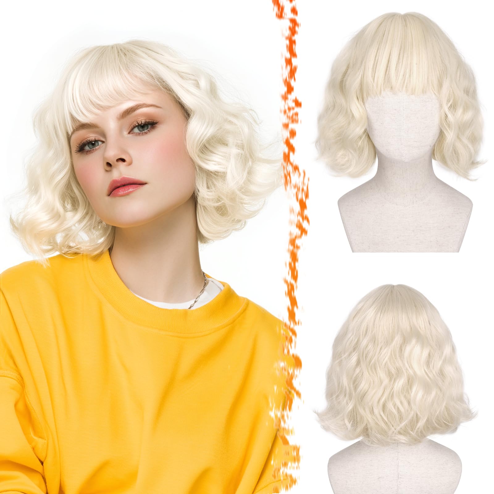BARSDAR Short Wavy Platinum Blonde Wig with Bangs - Short Wavy Platinum Blonde Wig for Women - Textured Curly Chic French Bob Wigs with Face-Framing