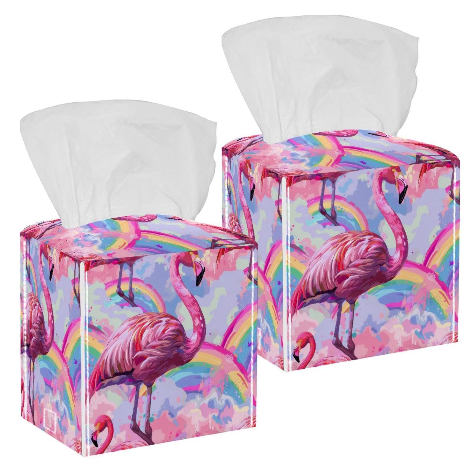 Flamingos Rainbow Tissue Box Cover, 2 Pack PU Leather Square Facial Tissue Dispenser Box holder for Home Office Car