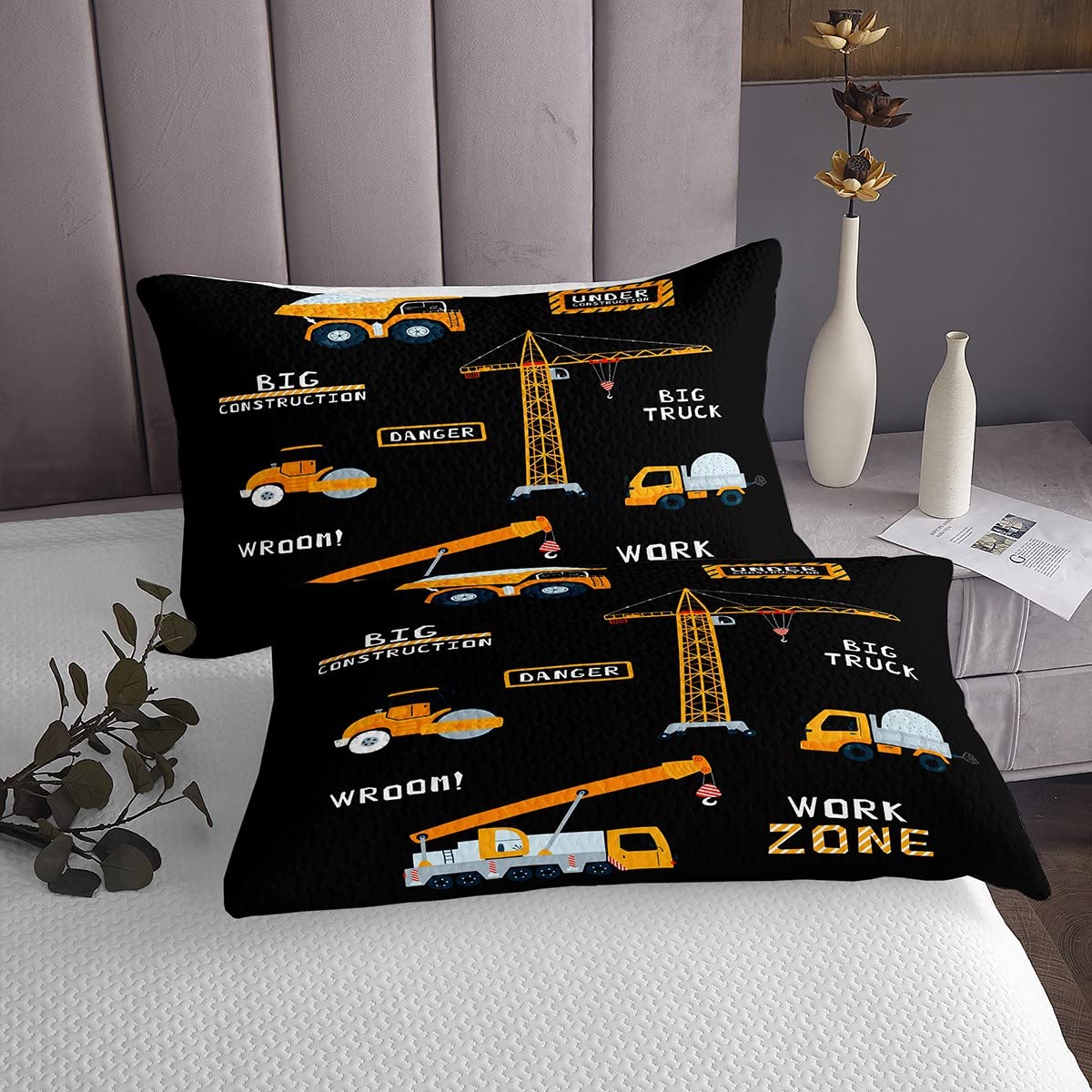 Loussiesd Excavadora acolchada en construcción camión de dibujos animados construcción de vehículos Coverlet set maquinaria pesada equipo decoración negro dormitorio colección 3 piezas tamaño king