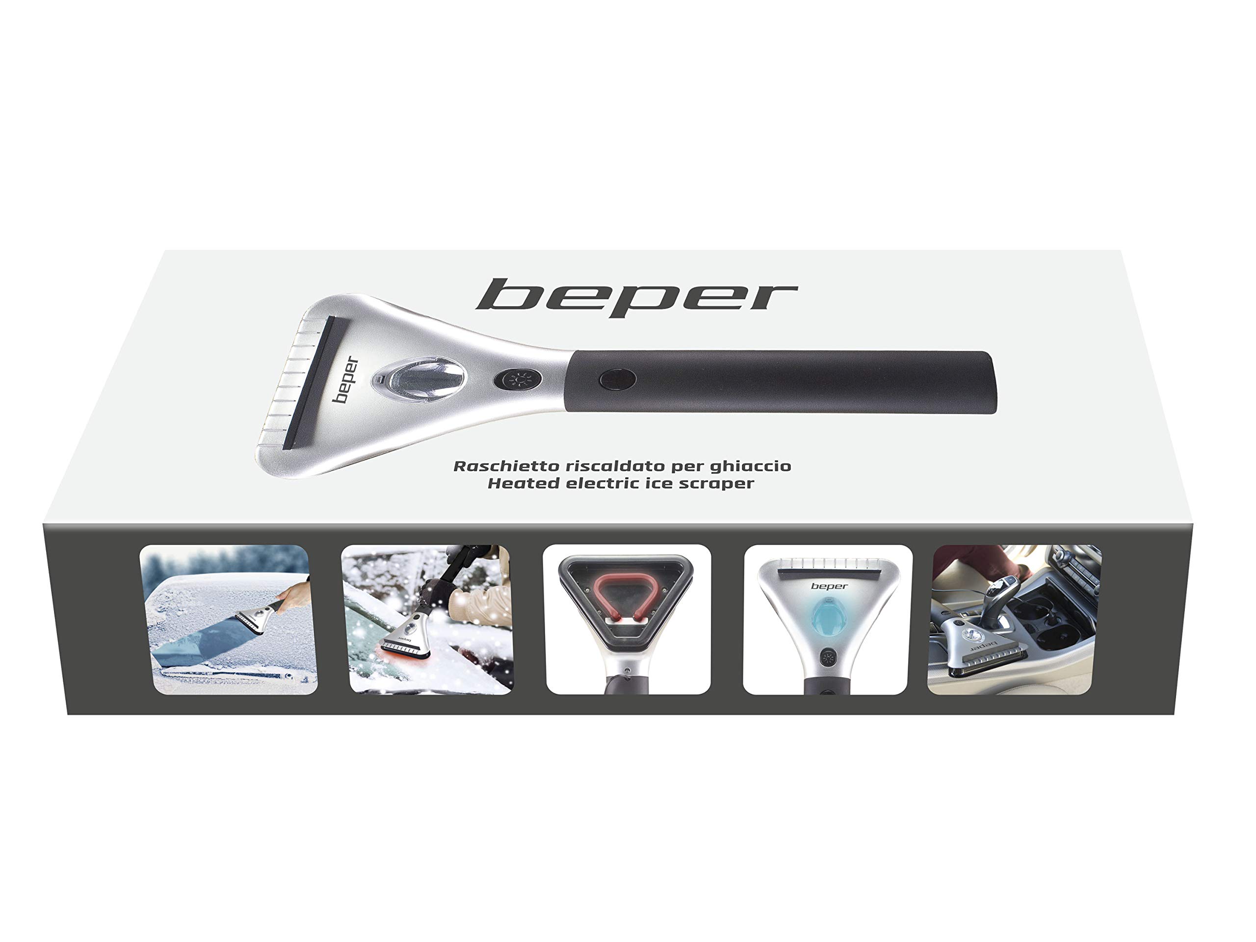 BEPER P201UTP002 podgrzewana skrobaczka do lodu, opór elektryczny, wysuwany uchwyt z kablem o długości 4,5 m, światło LED, gniazdo 12 V, czarno-szara