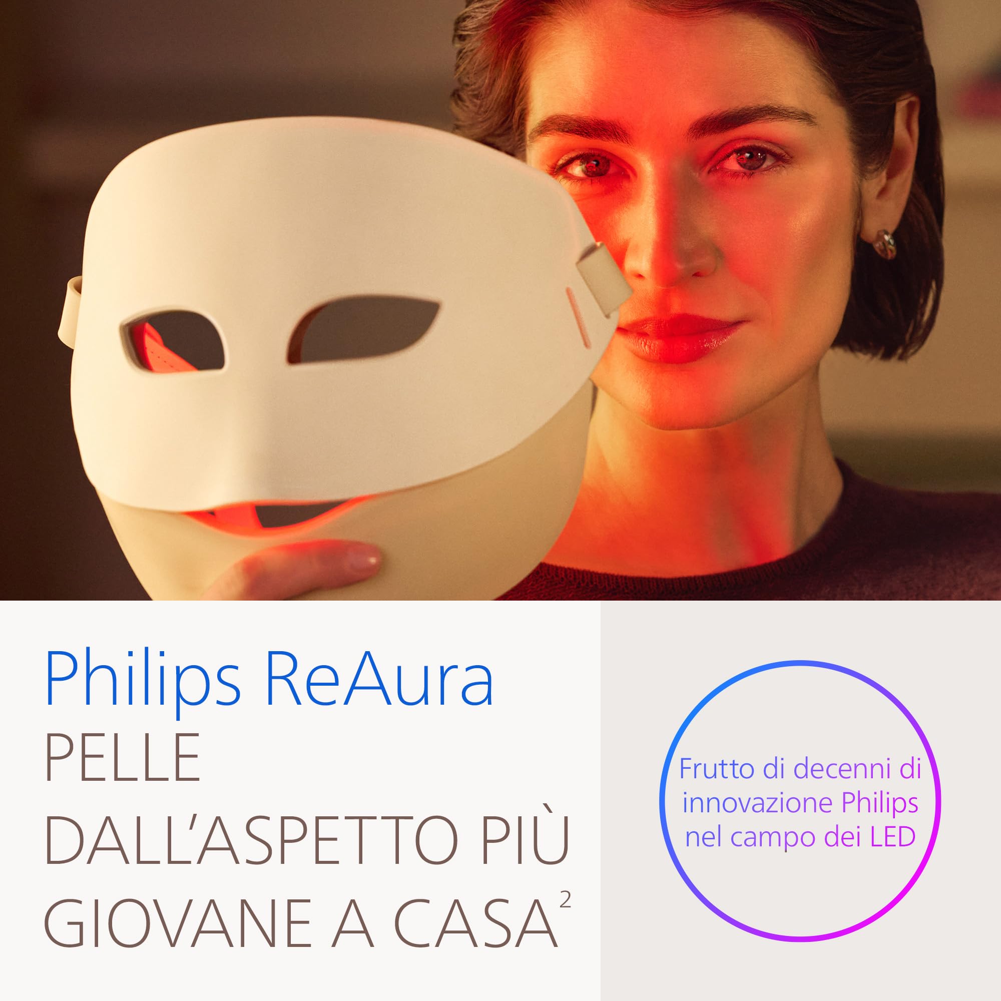 Philips ReAura Maschera facciale a LED - 3 in 1 per viso, contorno occhi e collo, 3 modalità, a luce rossa, blu e vicino infrarosso¹ clinicamente testata, flessibile, routine da 10 minuti, LTM7100/00