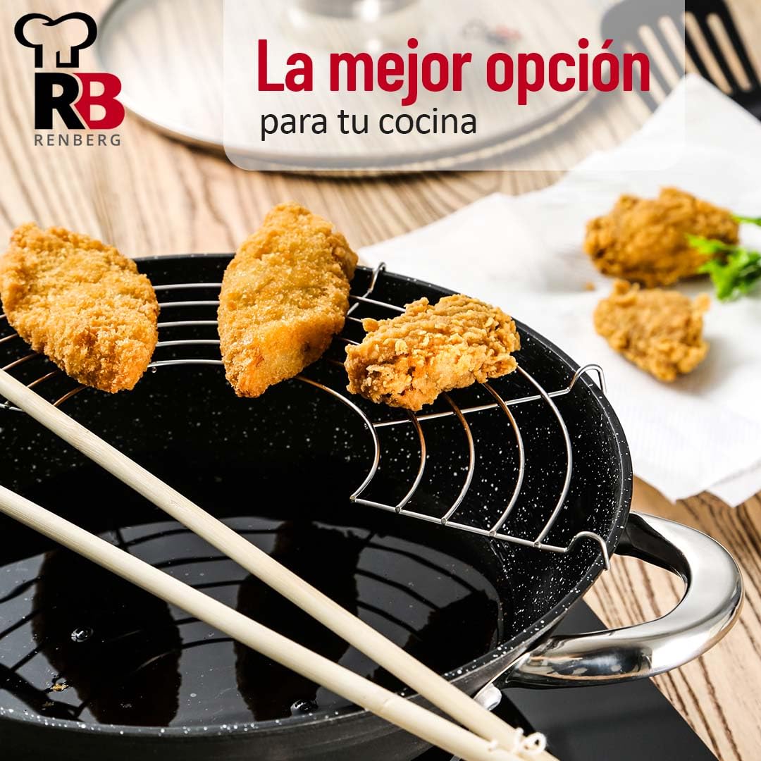 RENBERG Wok Wasabi | Poêle à wok avec revêtement en marbre et couvercle en verre | Fonctions et accessoires multiples | Wok en fonte | Compatible avec les plaques à induction, 28x40x12 cm