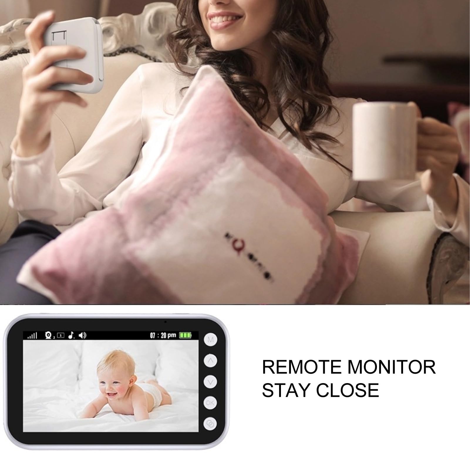 Fafeicy Monitor de bebé con Vídeo, Visión Nocturna por Infrarrojos, Pantalla LCD de 4,3 Pulgadas, Control de Volumen de 100-240 V, Monitor de bebé HD, Conversación Bidireccional para el