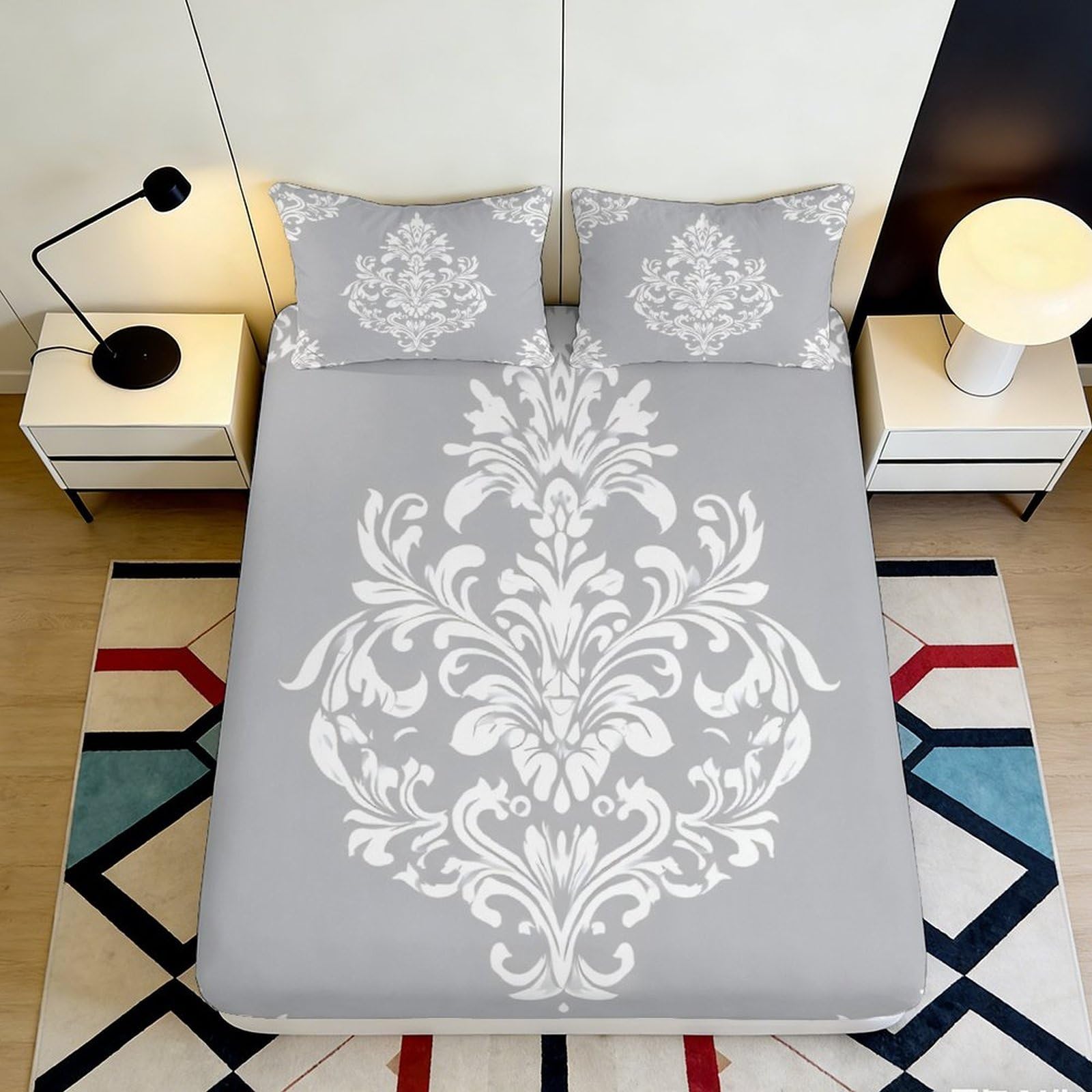 3D Printed Baroque Floral Fitted Sheet Microfiber Anti-Slip Silver Damask Bed Cover for Bedroom Guestroom Decor 90x200x25cm