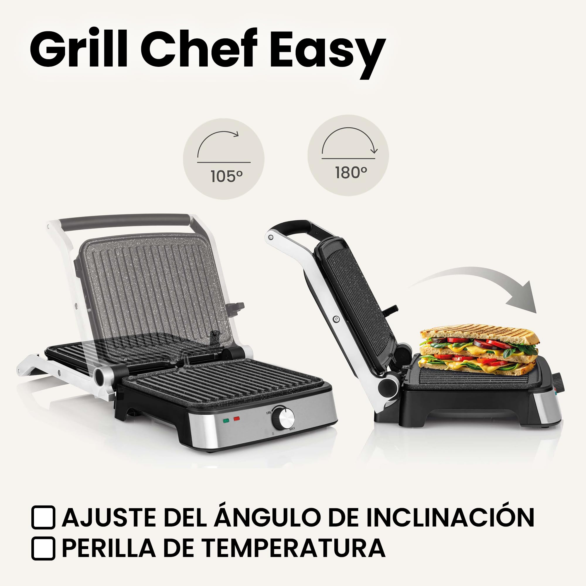 Zeegma Chef Easy Grill Eléctrico 2 en 1 2000W, Placas Antiadherentes de Cerámica, Regulación de Temperatura y Ángulo, Fácil Limpieza en Lavavajillas, Ideal para Carne, Verduras y Panini