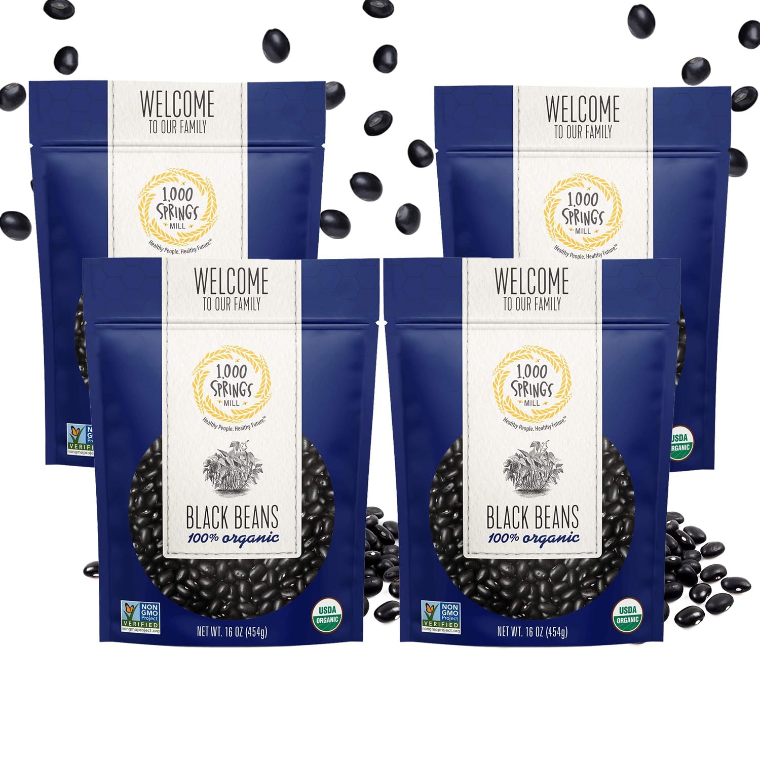 1000 SPRINGS MILL - Organic Black Beans | Used for Soups, Salads, Chili, Dips or Various Breakfast Dishes | Bulk Dry Black Beans | Resealable Bag | Vegan Friendly | 16oz (Pack of 4)