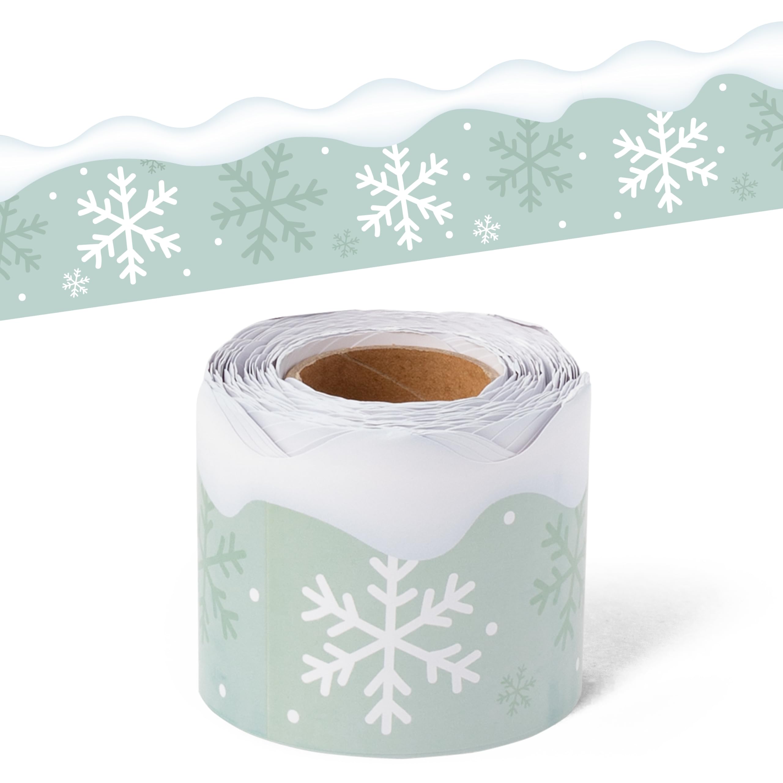 BeYumi Winter Snowflake Border Trim - 65ft Winter Christmas Sage Green White Snowflake Scalloped Rolled Border Trim Bulletin Board Borders School Classroom Door Home Office Chalkboard Party Decoration