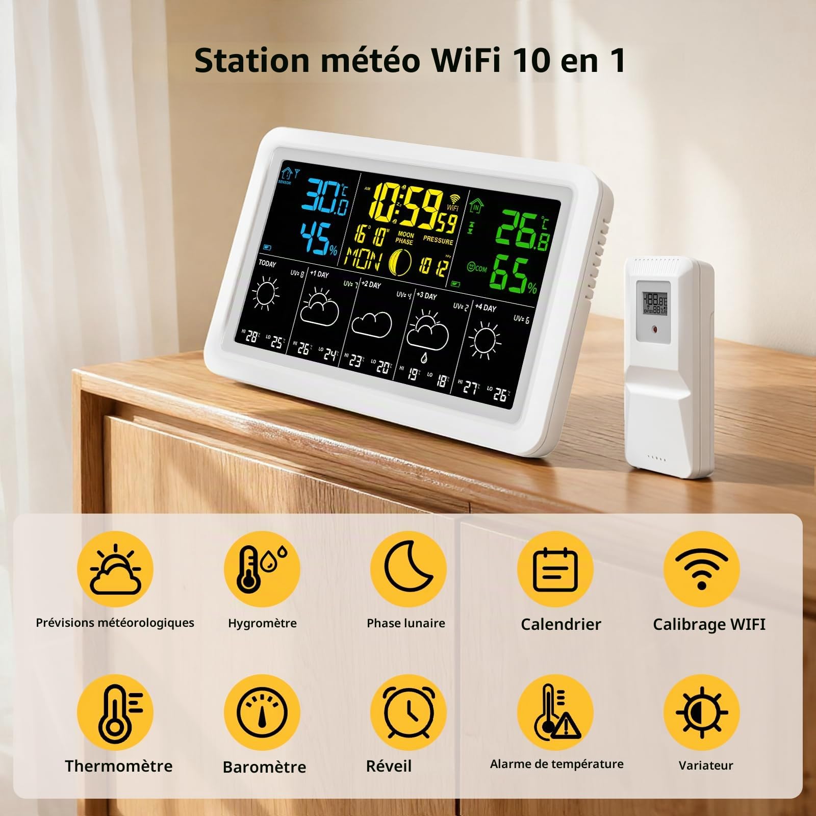 Horloge météo WiFi Prévisions sur 5 jours Thermomètre et hygromètre intérieur Phase Pression atmosphérique Date Alarme Réglage de la luminosité Grand écran couleur