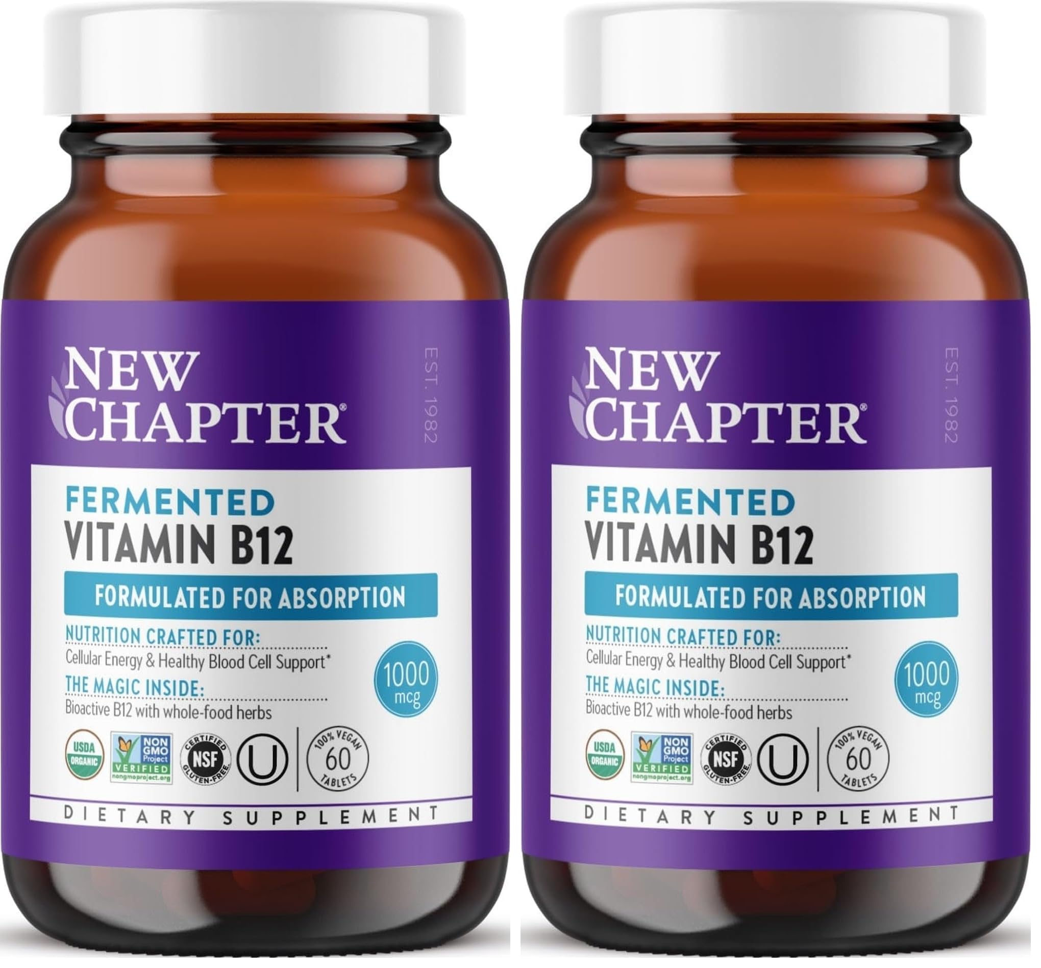 New Chapter Fermented Vitamin B12 1,000 mcg,USDA Organic,Daily for Cellular Energy + Healthy Blood Cells,Certified Vegan,Gluten Free -,60 Count (Pack of 2)